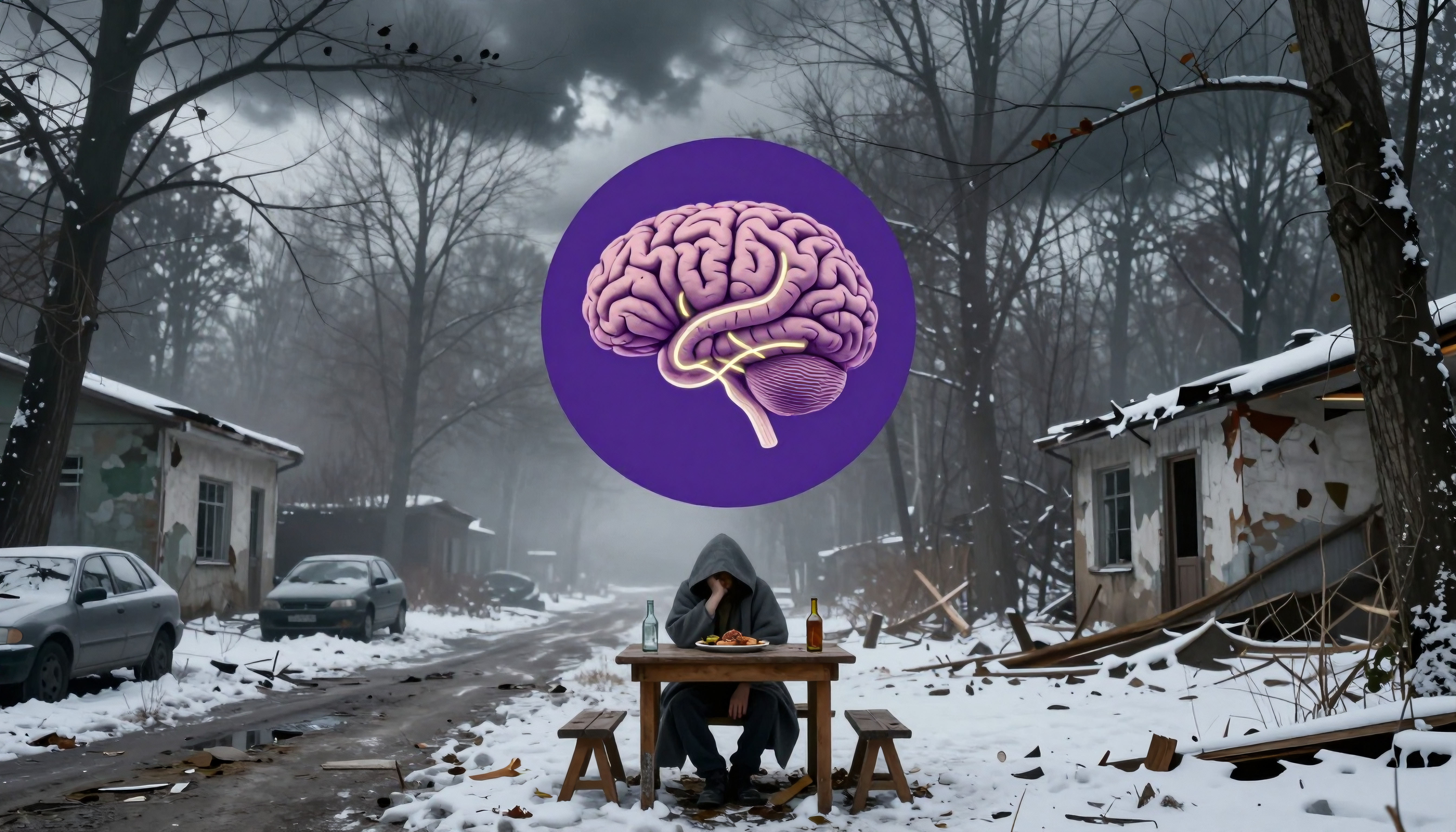 Abandoned snowy street with lone person at table, brain icon mental health concept