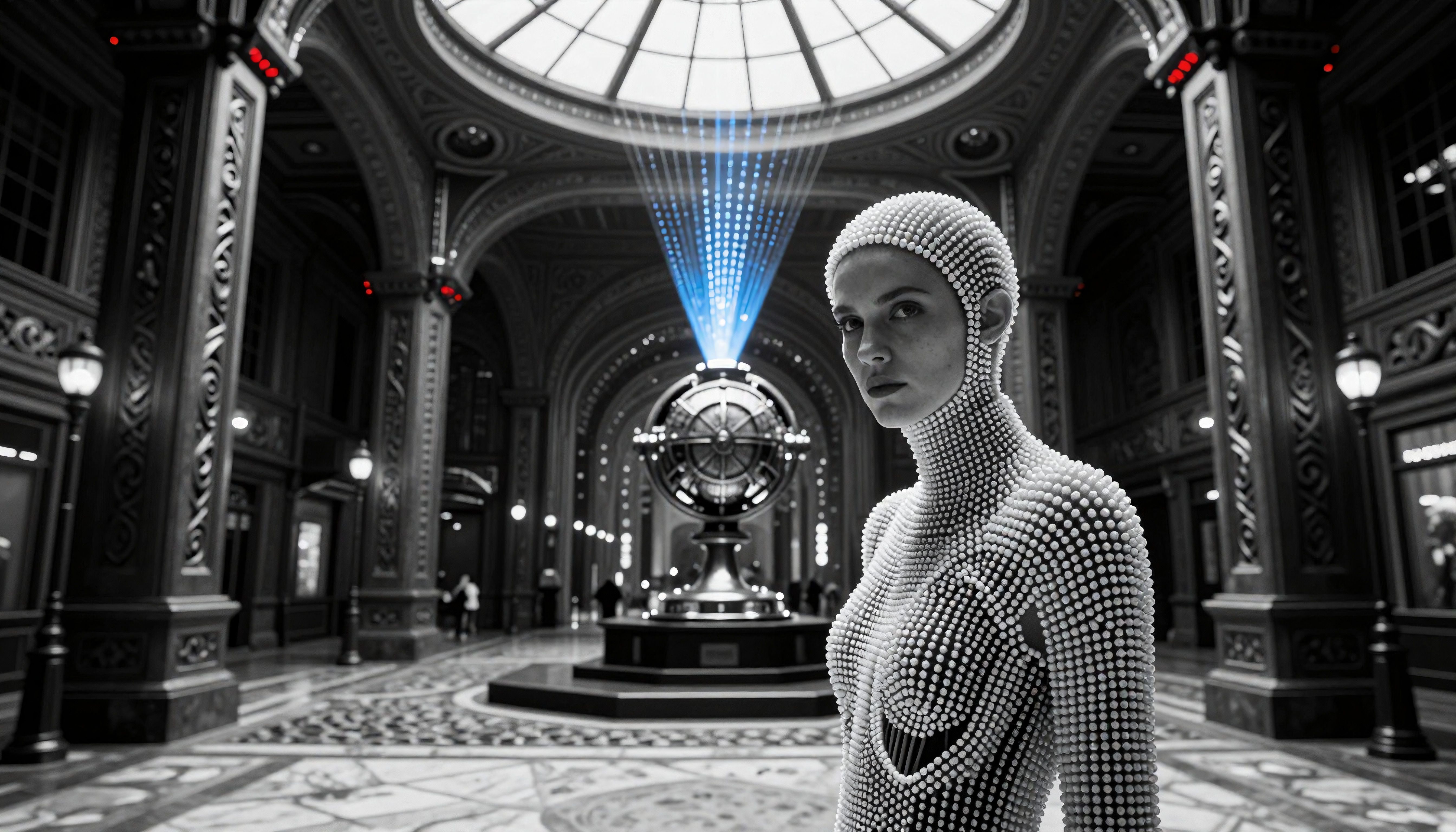 Futuristic beaded humanoid statue standing in elegant historic building hallway with blue light beams descending from skylight