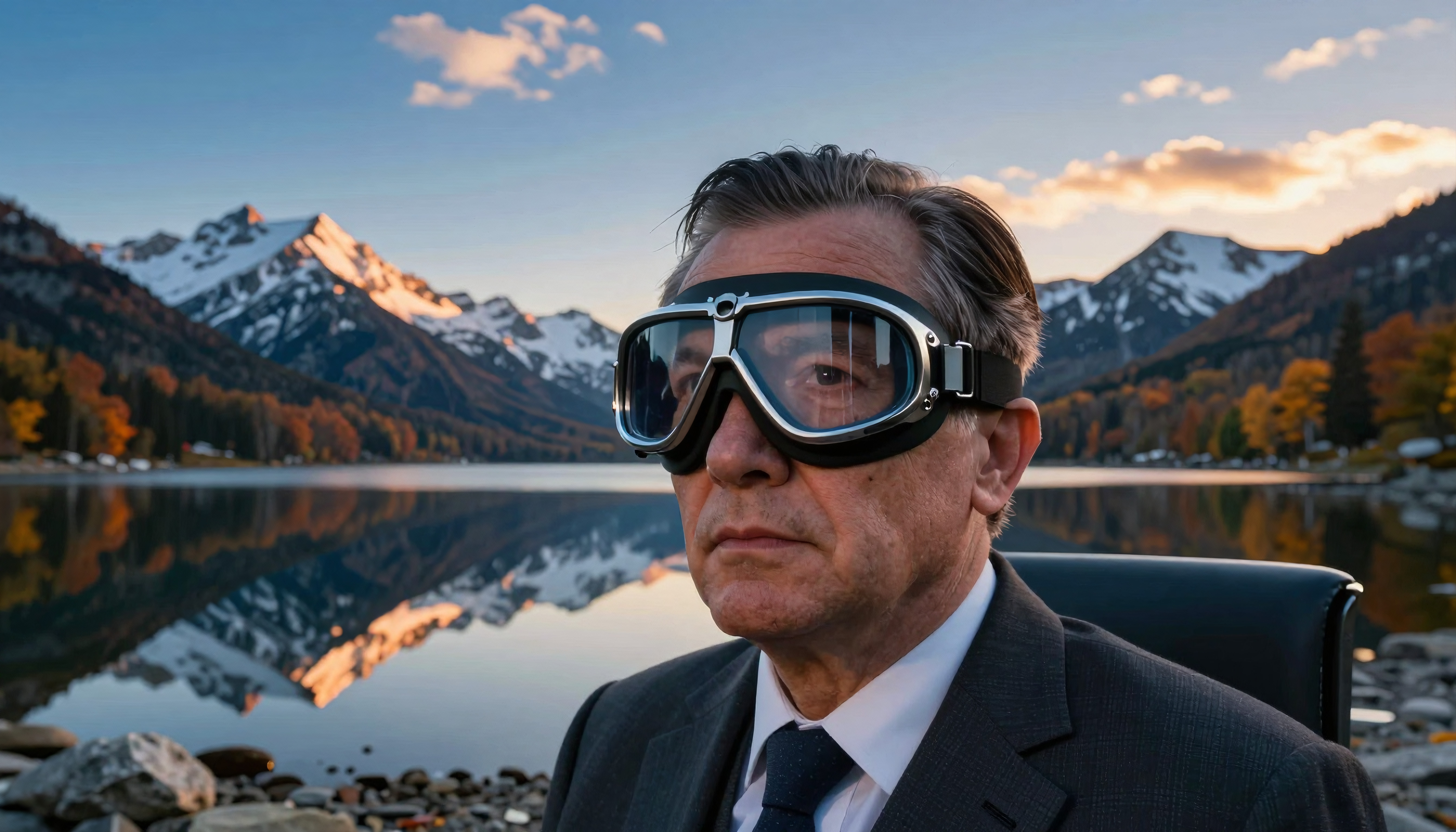 Man in aviator goggles sitting by mountain lake at sunset in suit