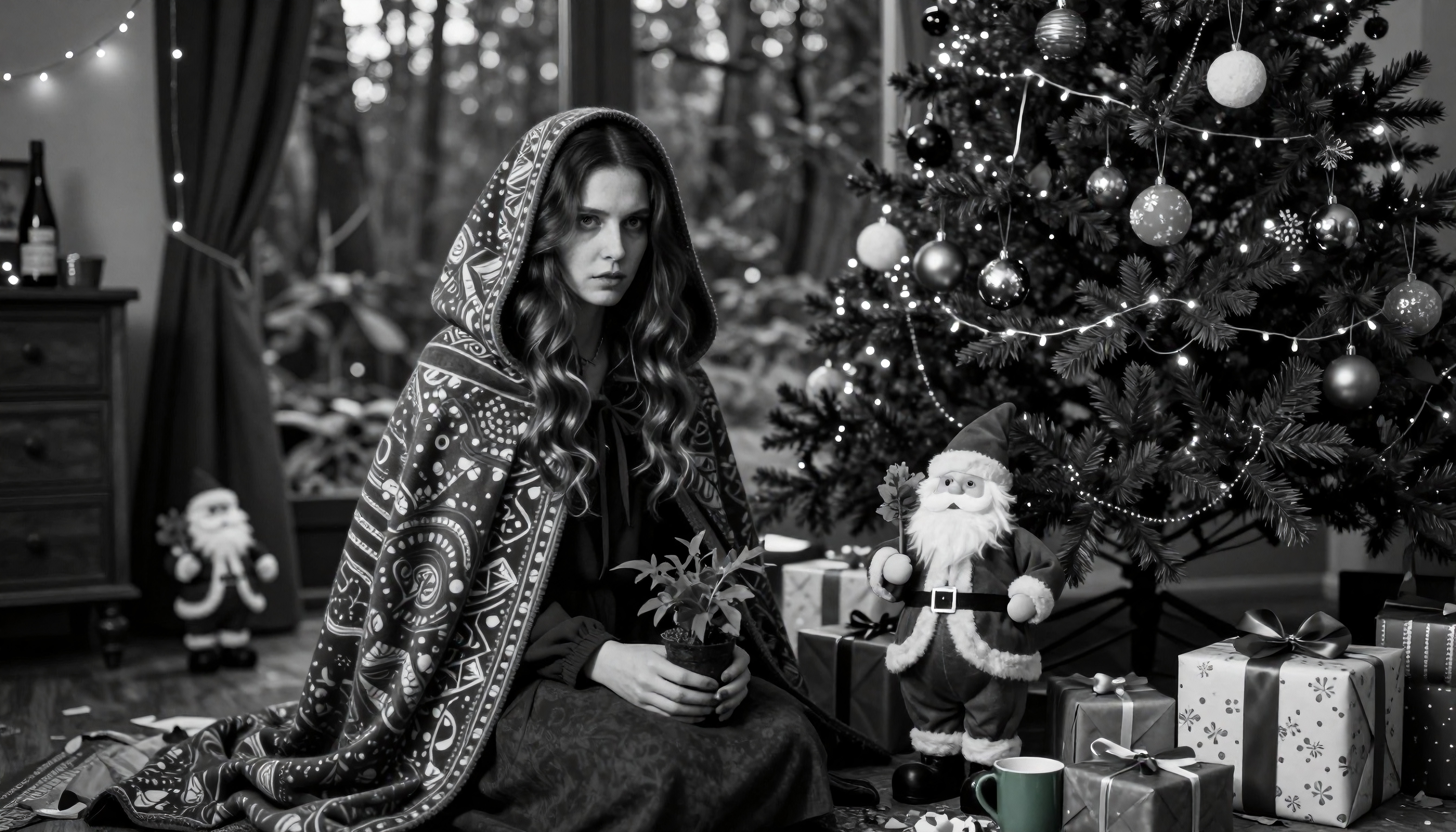 Woman in hooded cloak seated beside decorated Christmas tree with presents and Santa figurine, conveying silent holiday solitude in moody black and white photograph