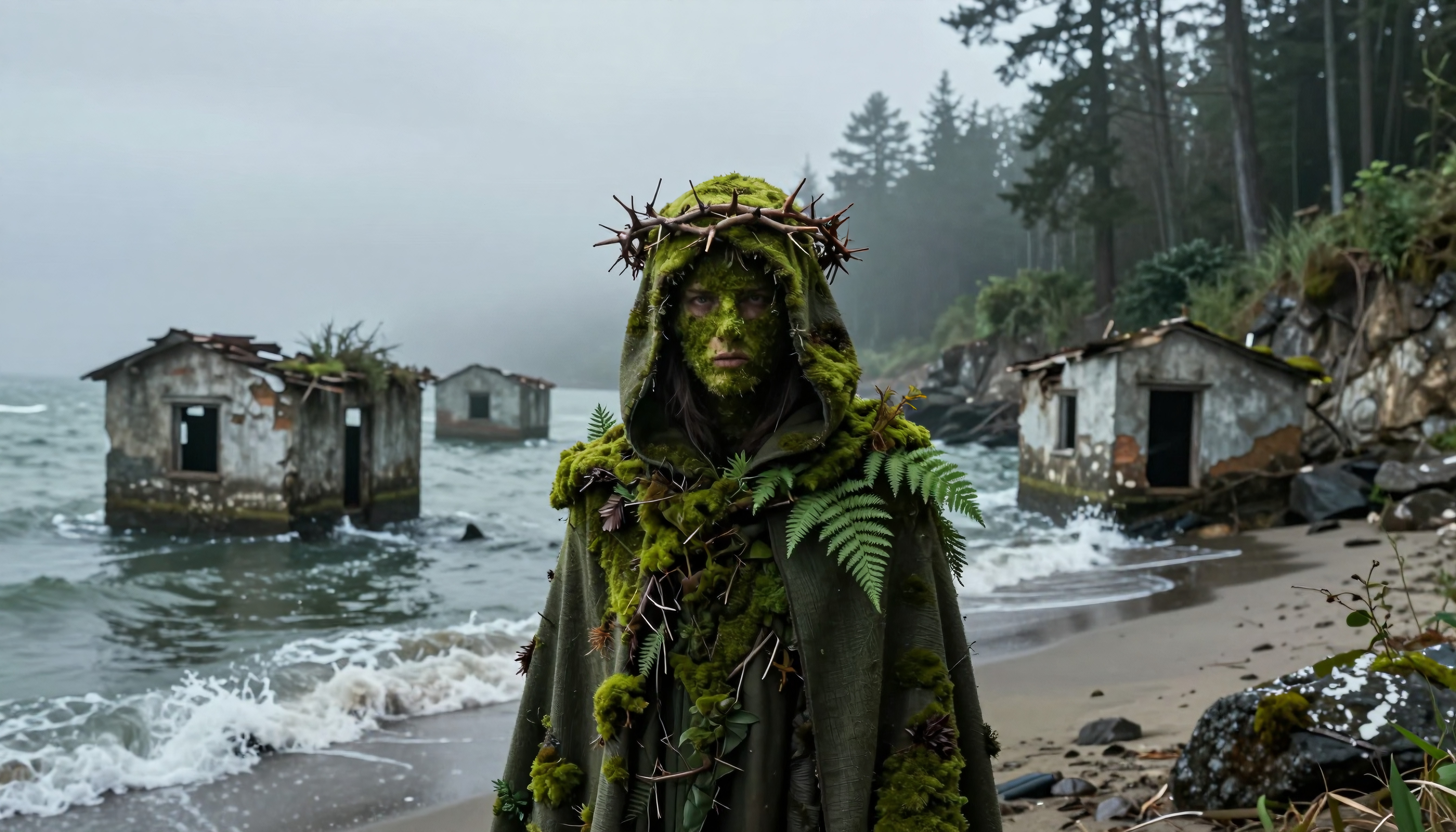 A moss-covered figure stands on a misty beach with dilapidated houses in the background and dense forest, evoking mystery and nature's resilience.