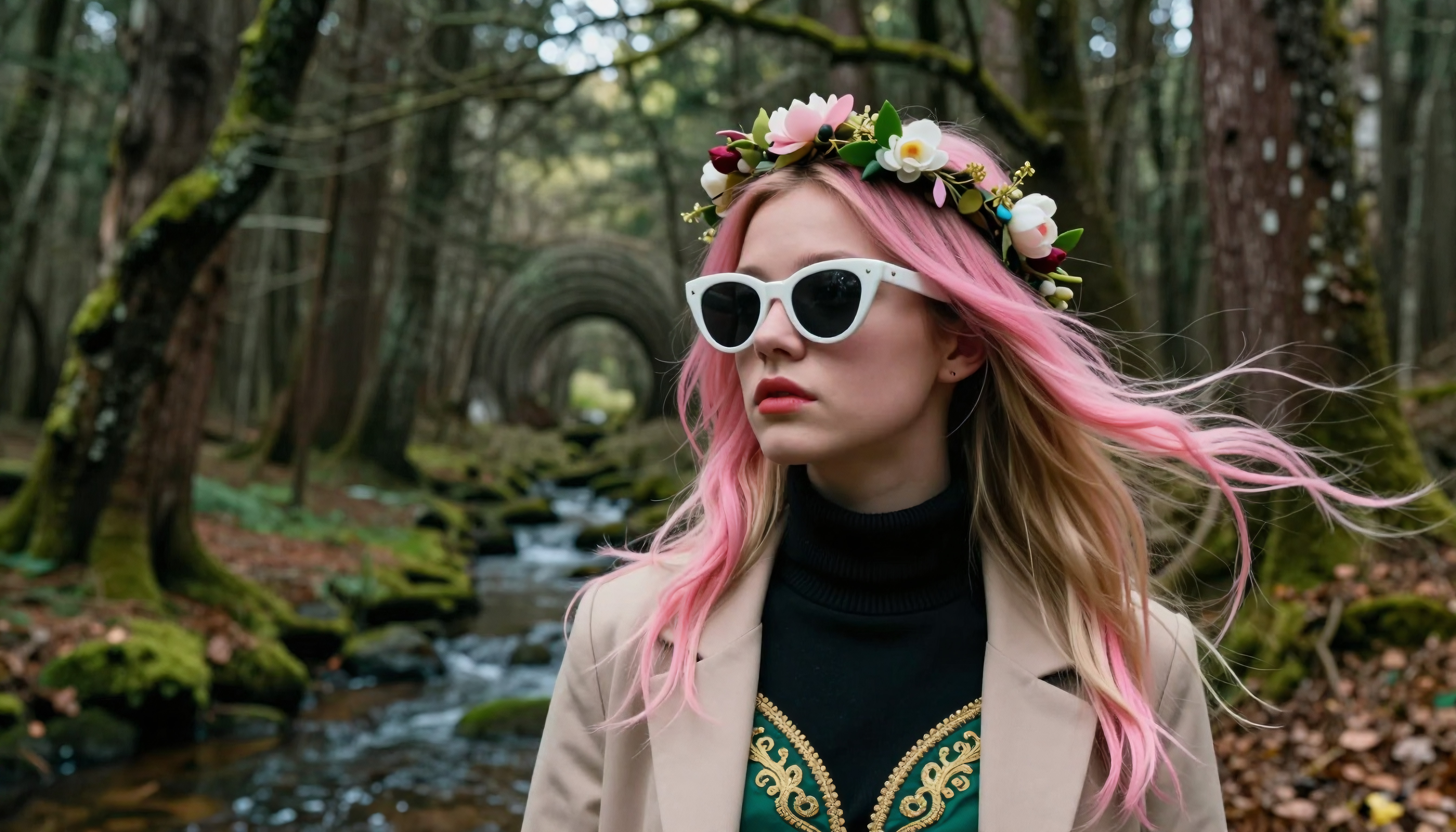 A young woman with striking pink-tipped blonde hair stands serenely in a moss-draped forest, her gaze directed thoughtfully away from the camera.