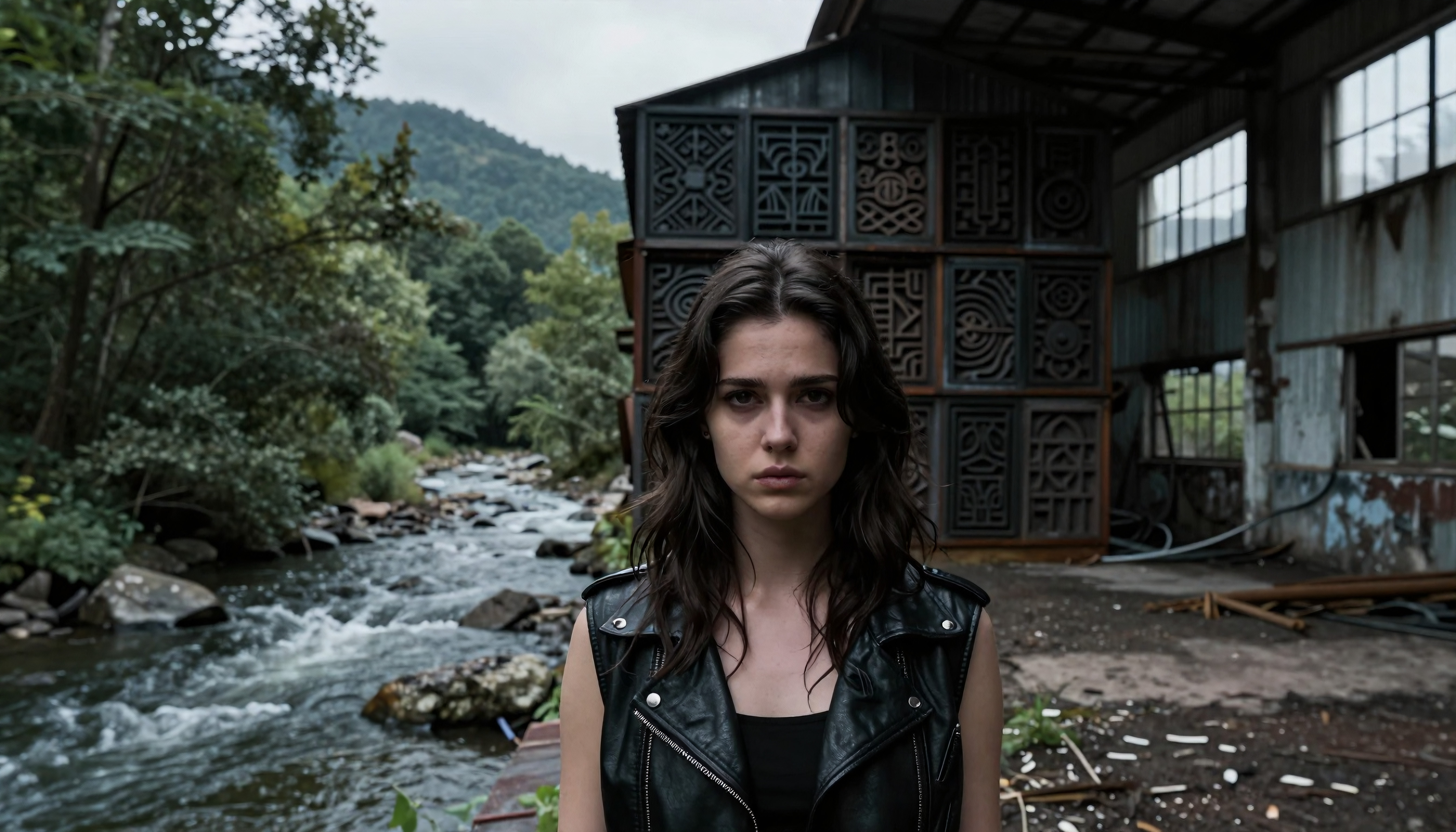 Portrait of a Woman Amidst Industrial Ruins and Flowing Wilderne