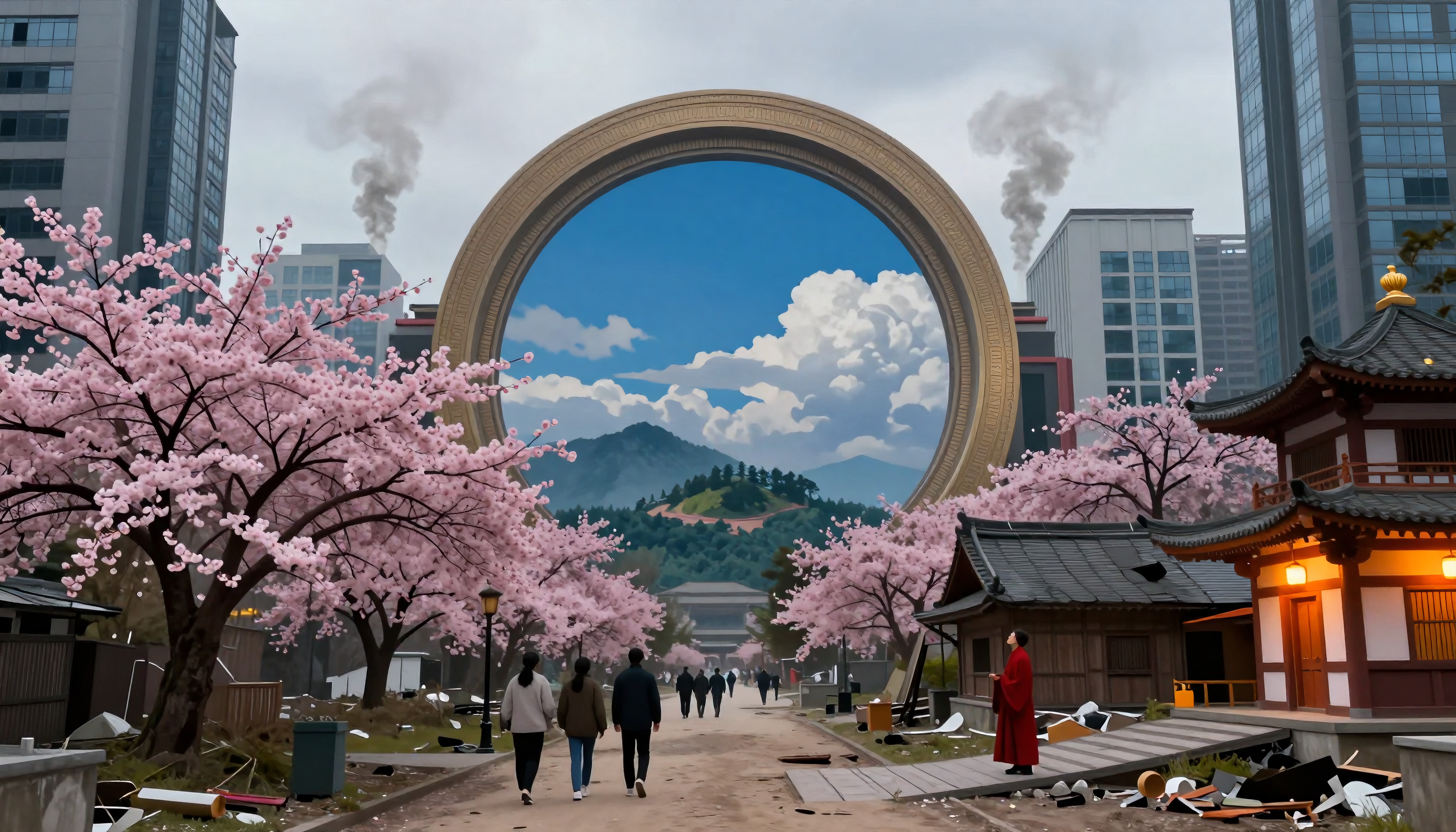 A stunning modern cityscape with cherry blossoms, traditional architecture, and an immense circle framing a mountain.