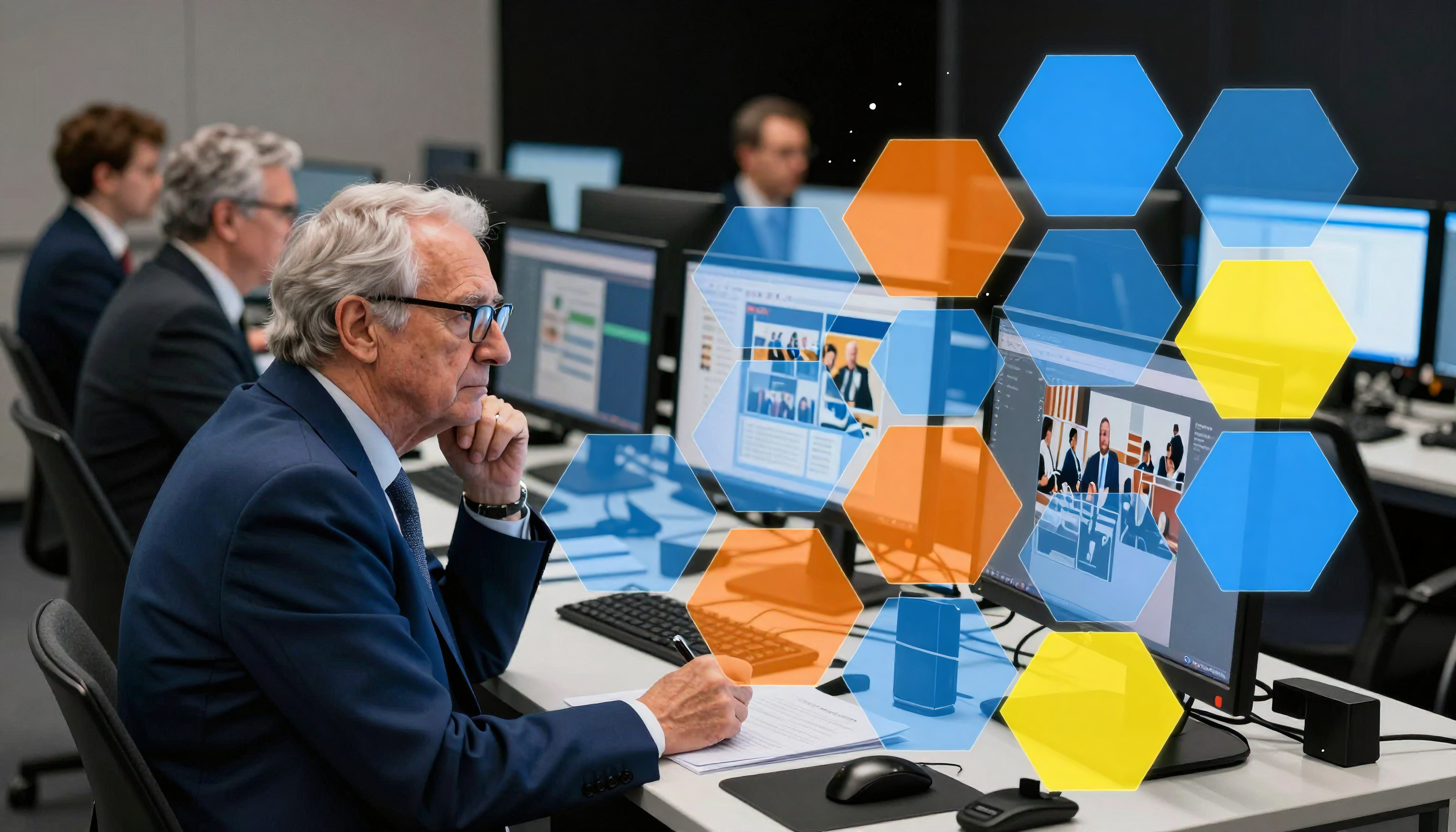 Elderly businessman analyzing data during futuristic tech meeting
