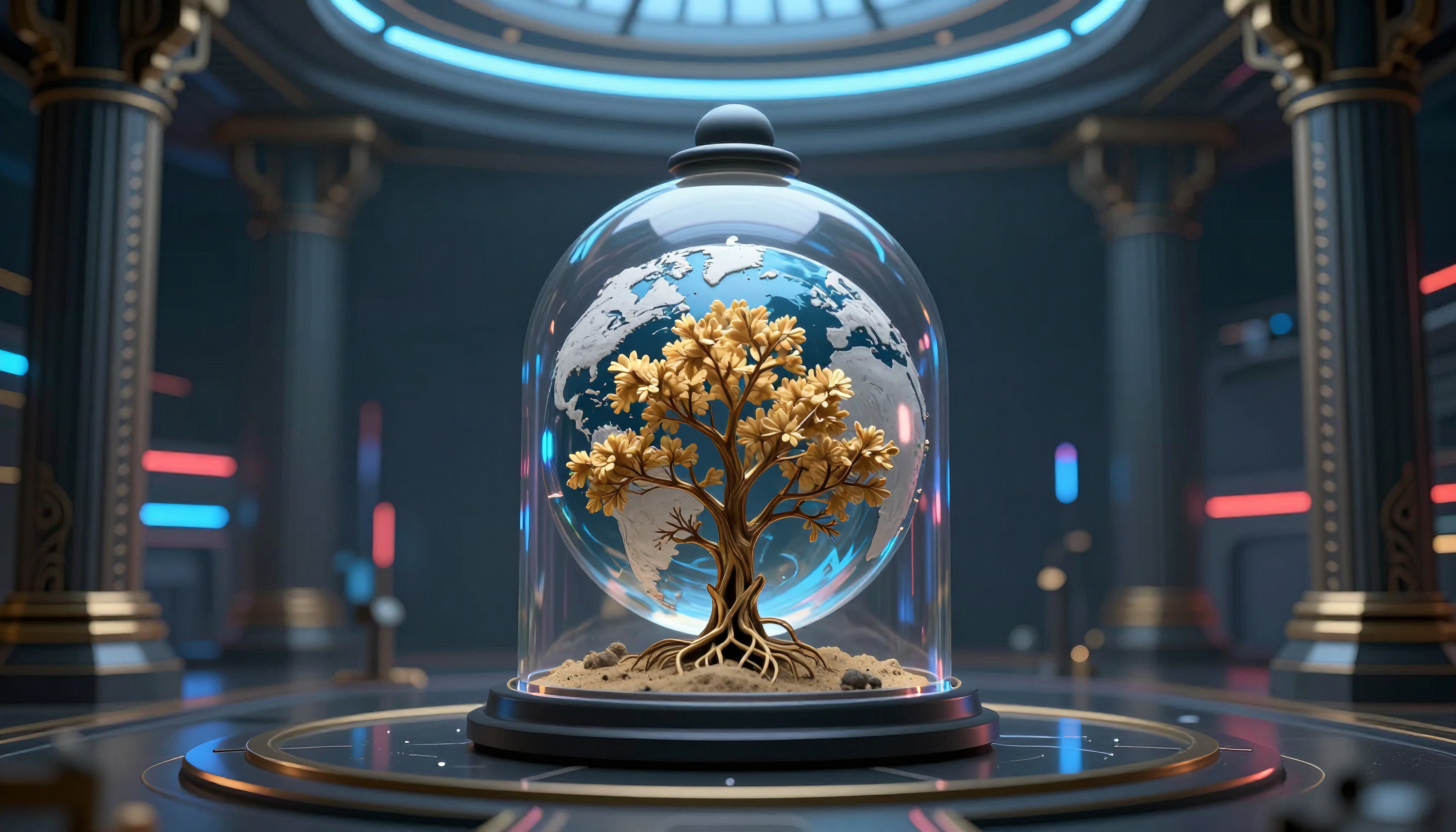 A golden tree inside a glass dome with Earth background in a futuristic setting, blending nature and technology.