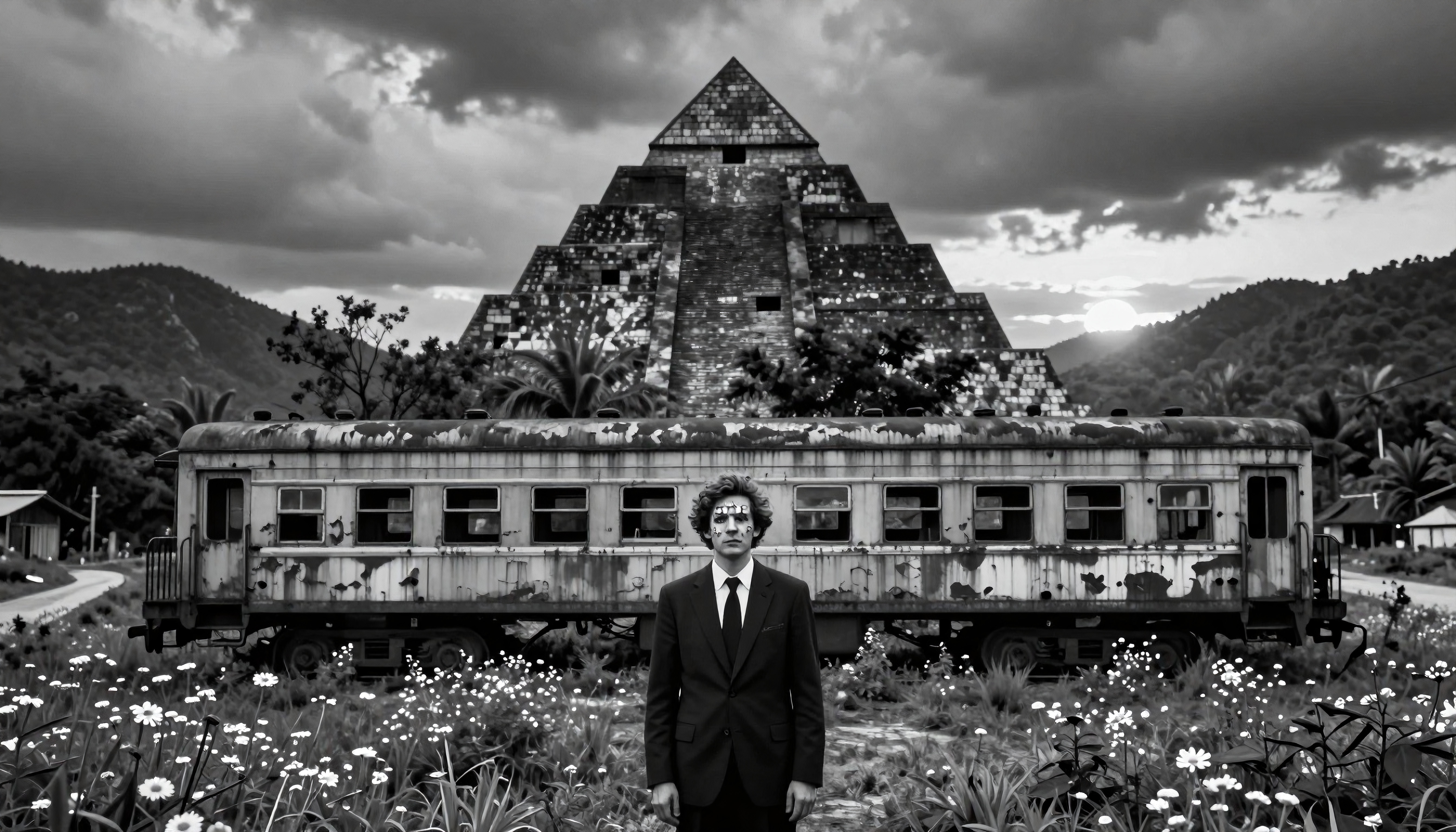 Man in suit standing before rusty train car amid wildflowers under cloudy sky near mysterious pyramid-shaped building