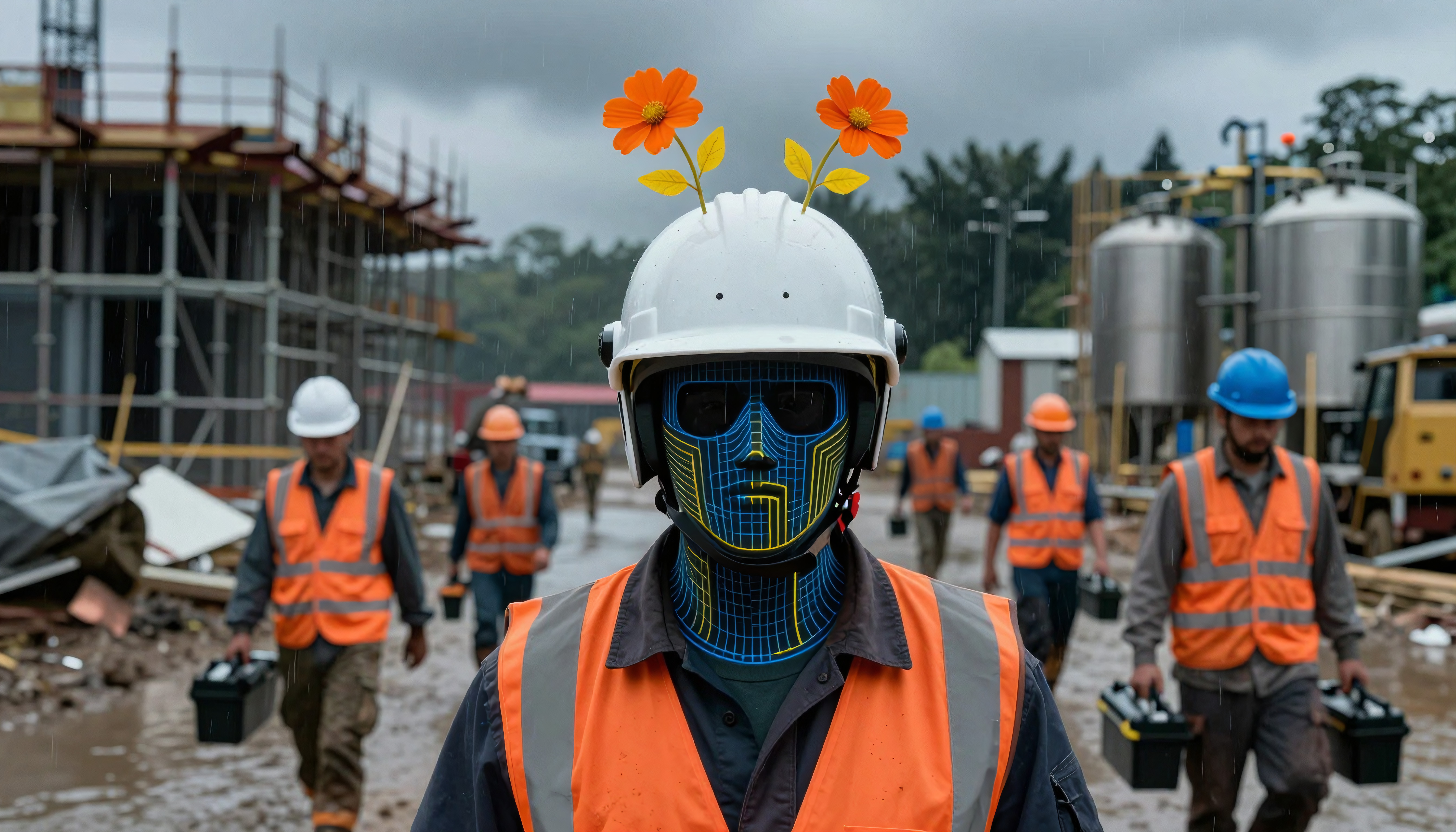 Futuristic construction worker wearing glowing mask and orange vest amidst rain.