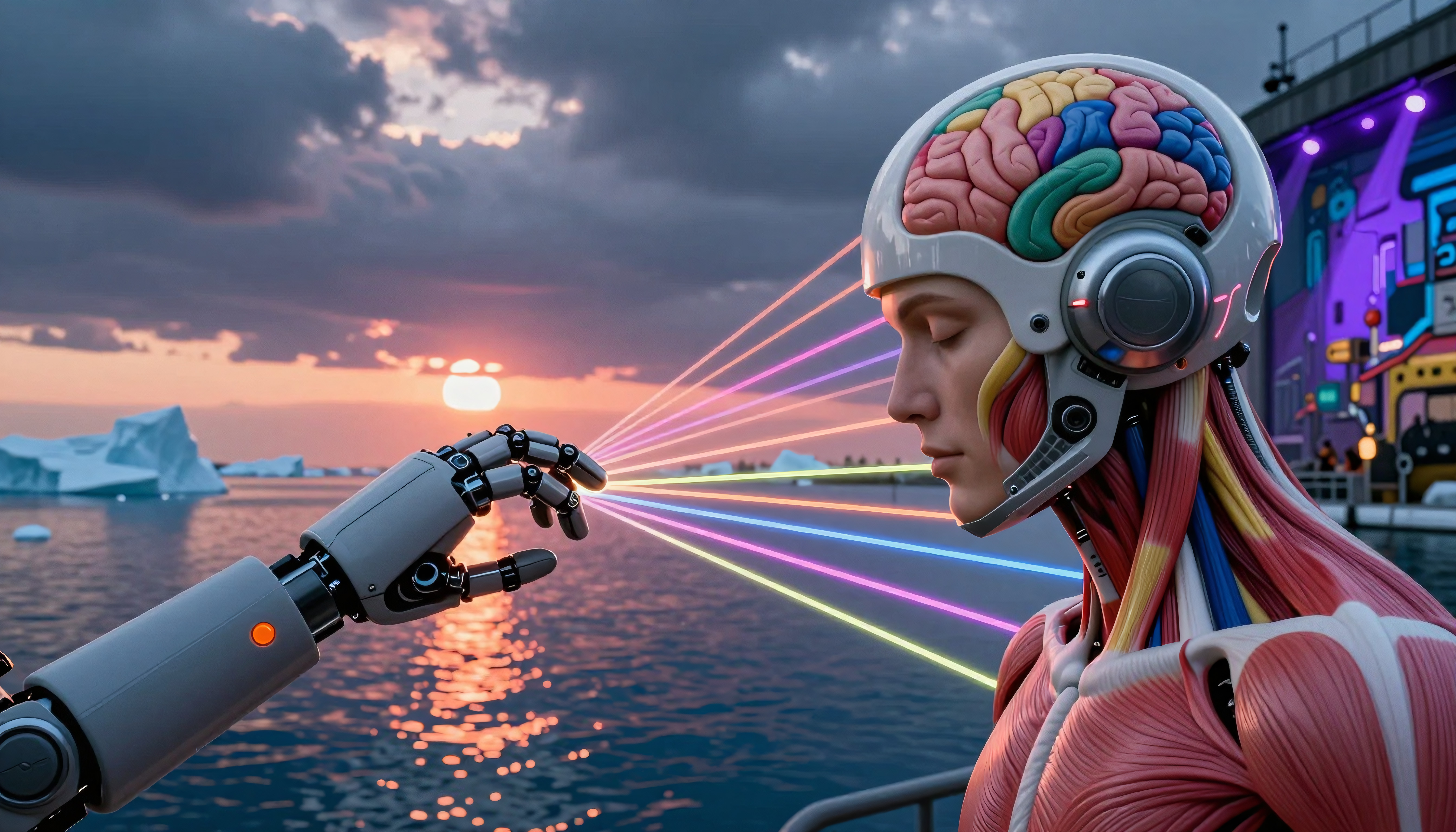 Cybernetic-human handshake over icy waters during colorful sunset near futuristic city