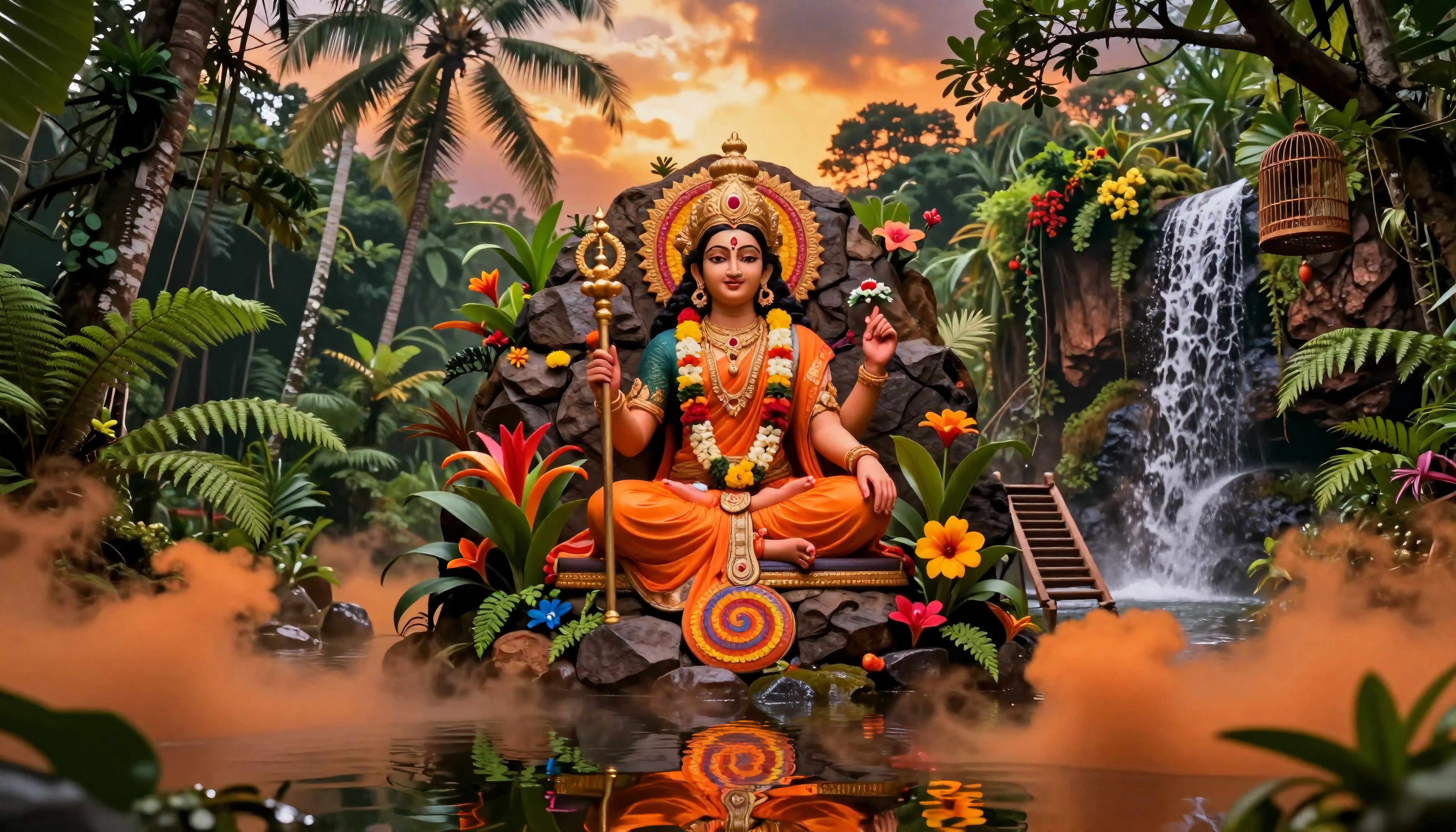 Divine Hindu goddess meditating peacefully beside waterfall in tropical forest at sunset, surrounded by colorful flowers and misty reflections