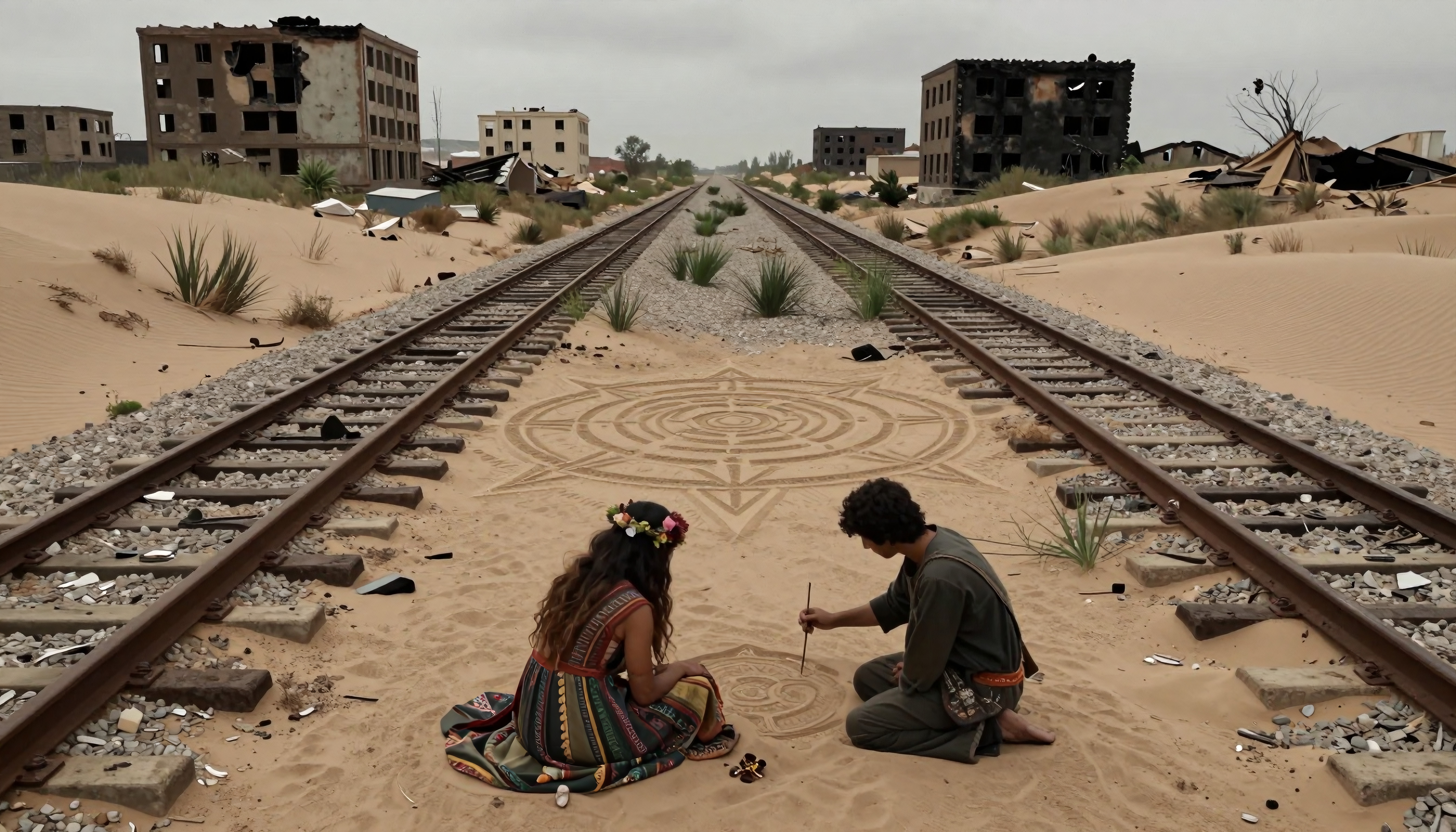 Two people creating sand art between abandoned tracks with ruined buildings behind.