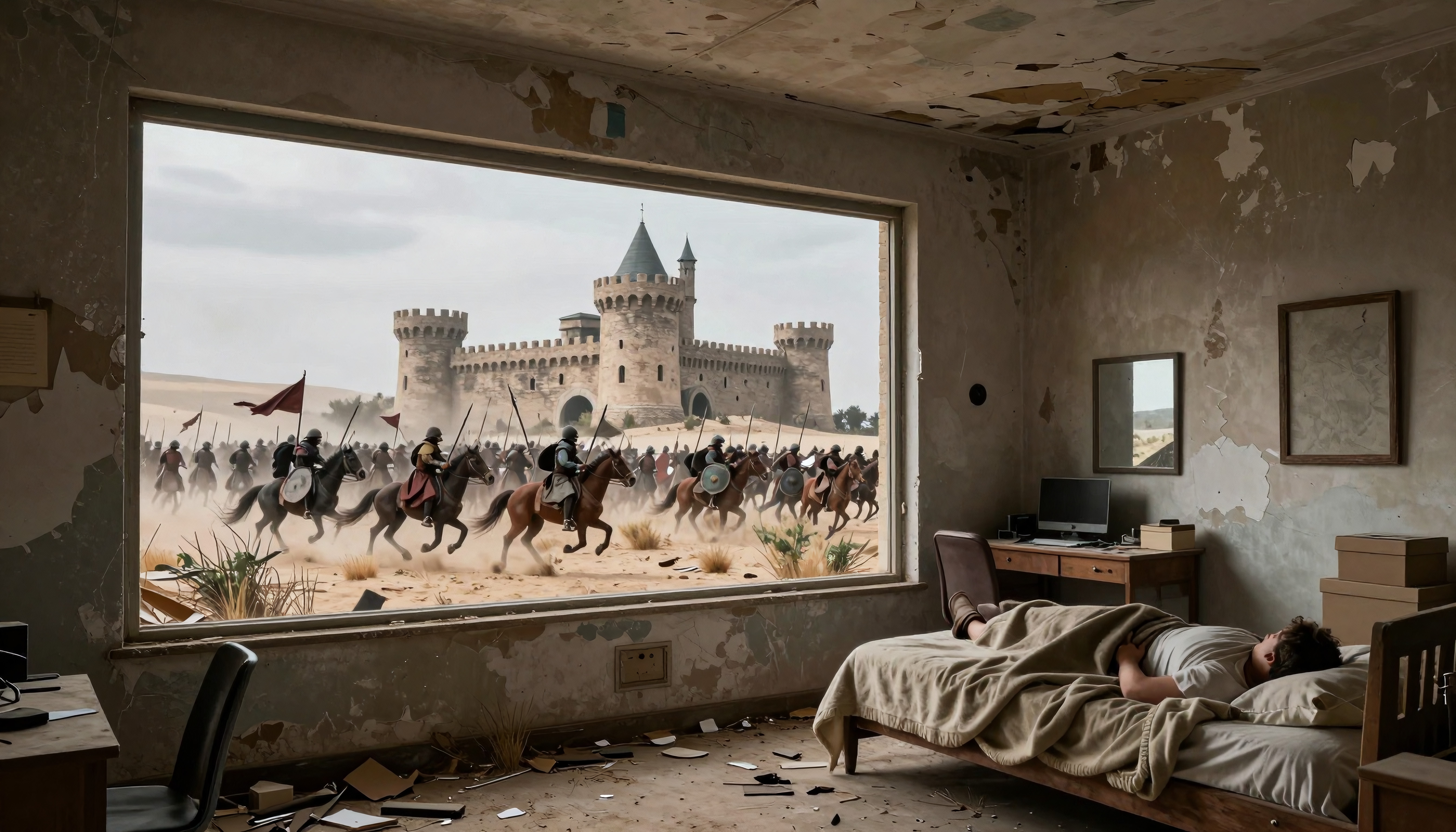 A sleeping person in a neglected room witnesses medieval cavalry charging outside toward a castle through a large window.