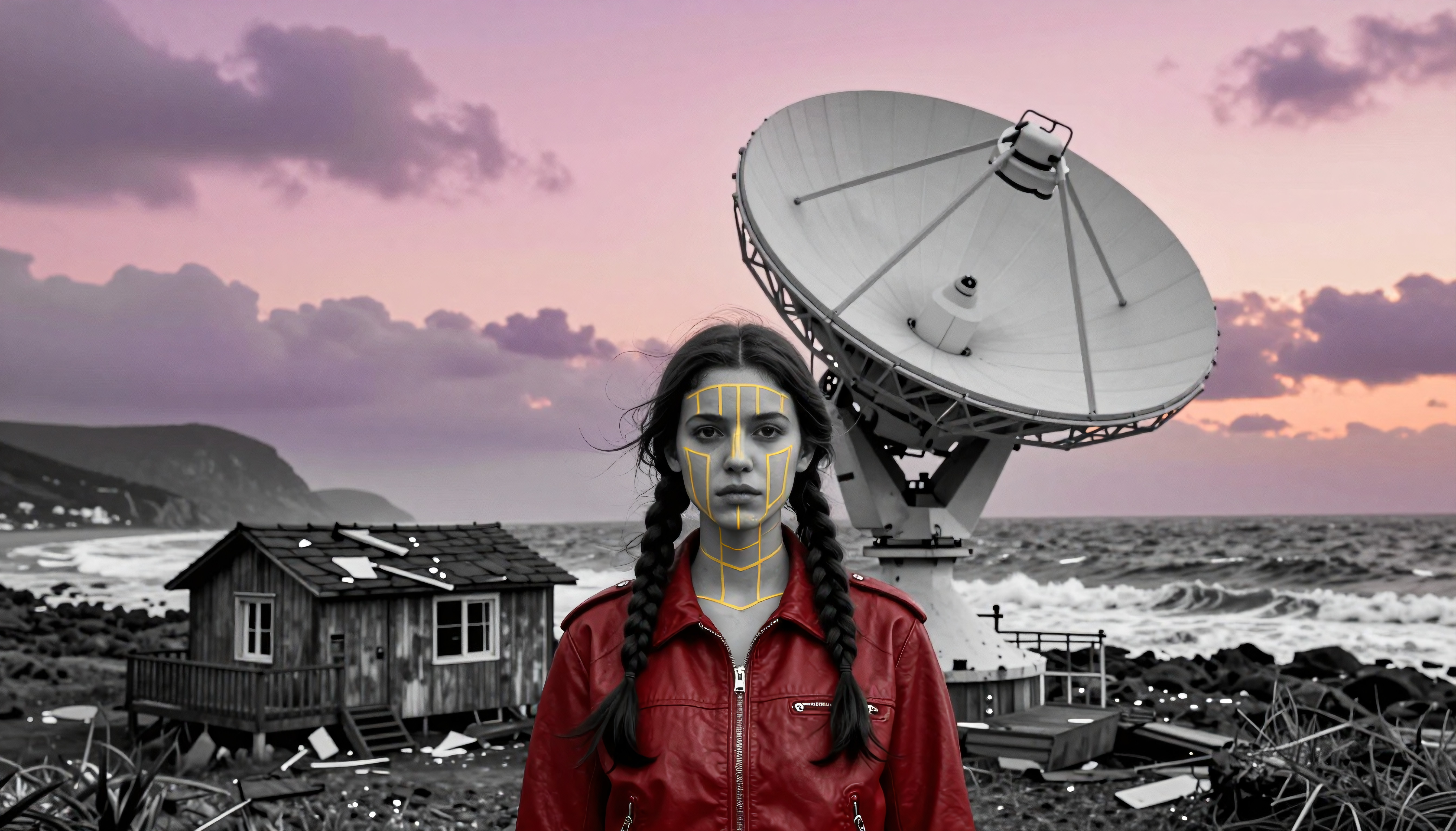 Woman with facial grid lines in coastal landscape with satellite
