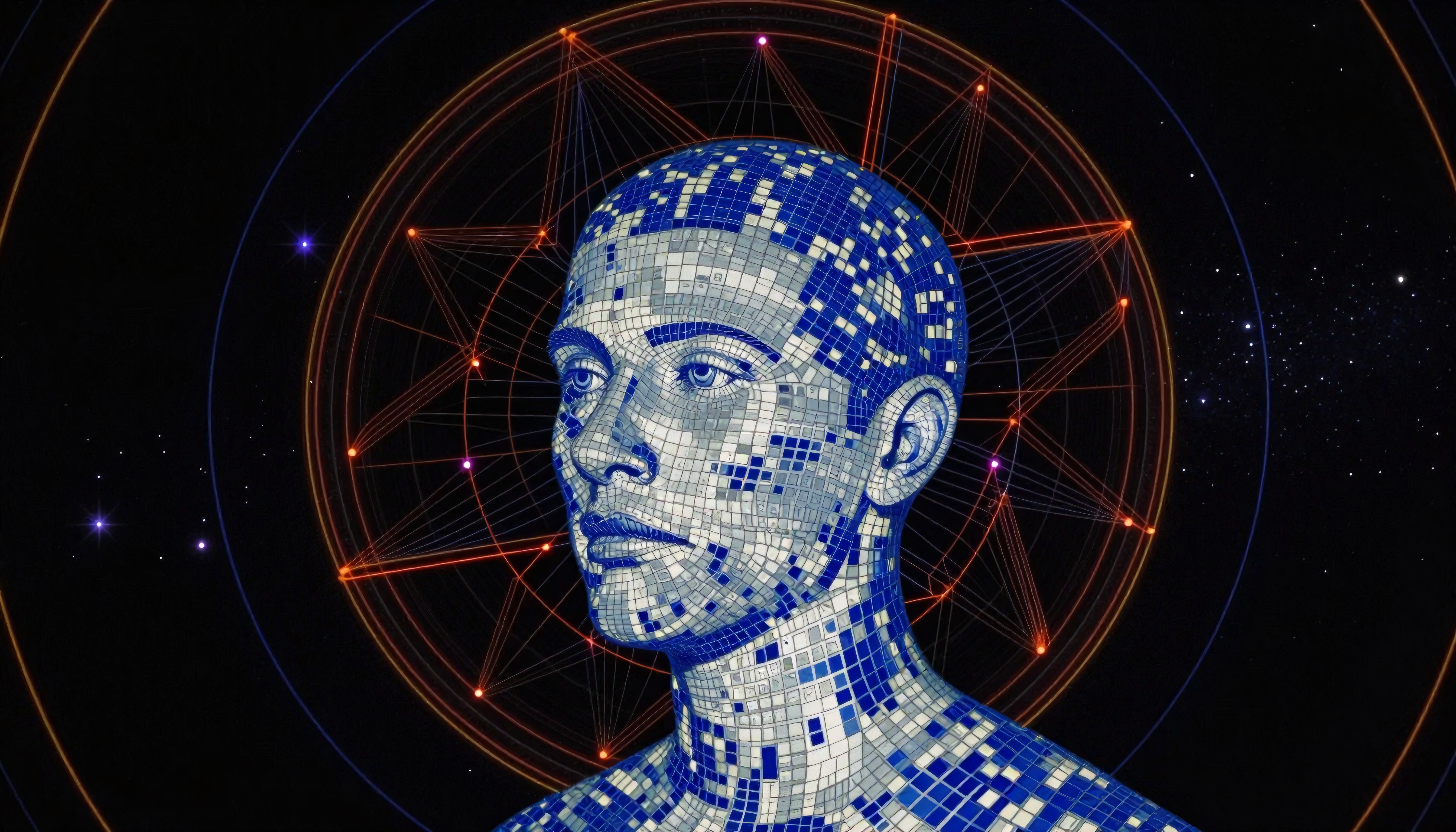 Futuristic digital art depicting human head as mosaic.