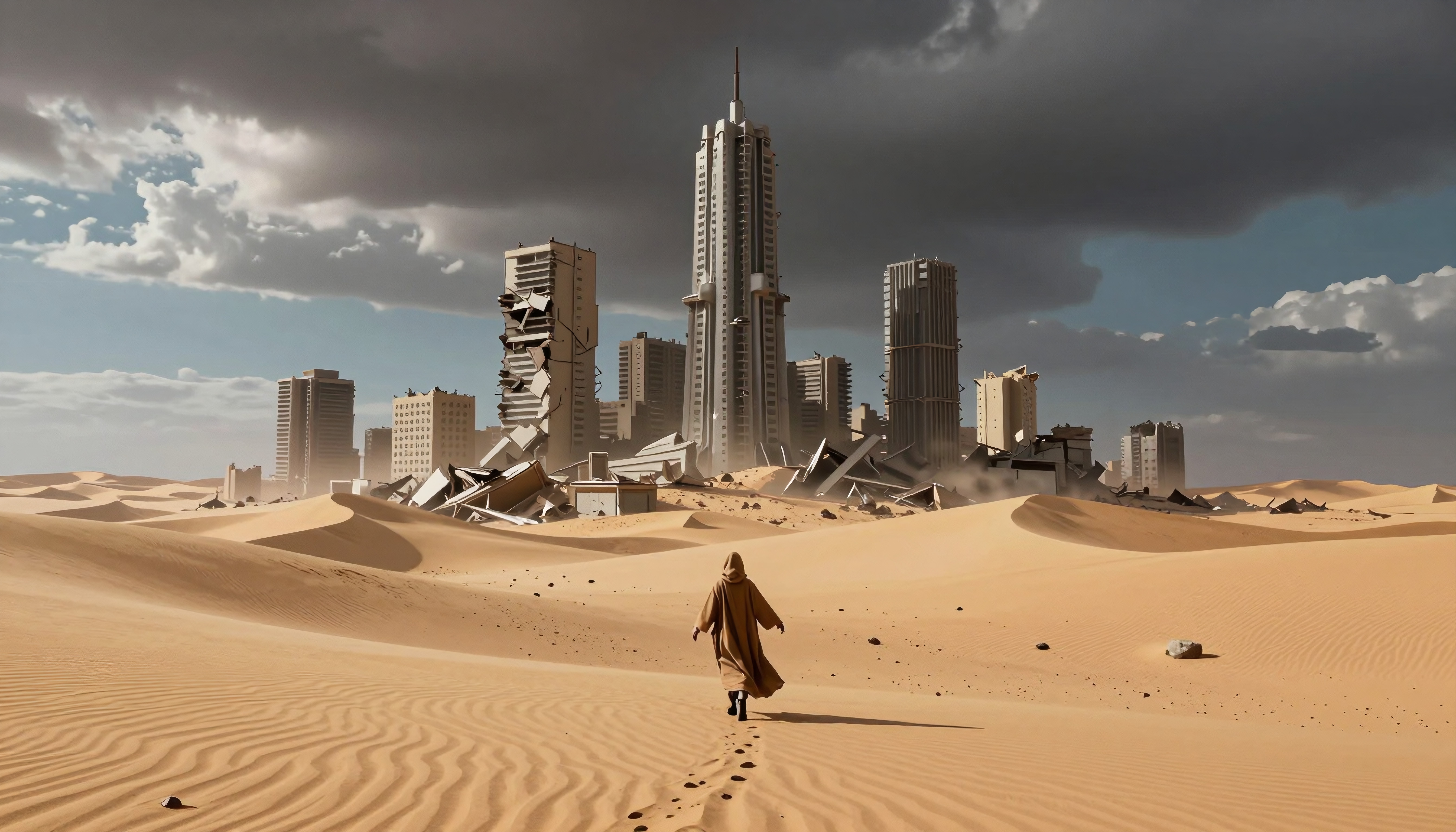 A solitary traveler walks toward a ruined city across vast desert sand dunes under dramatic skies.