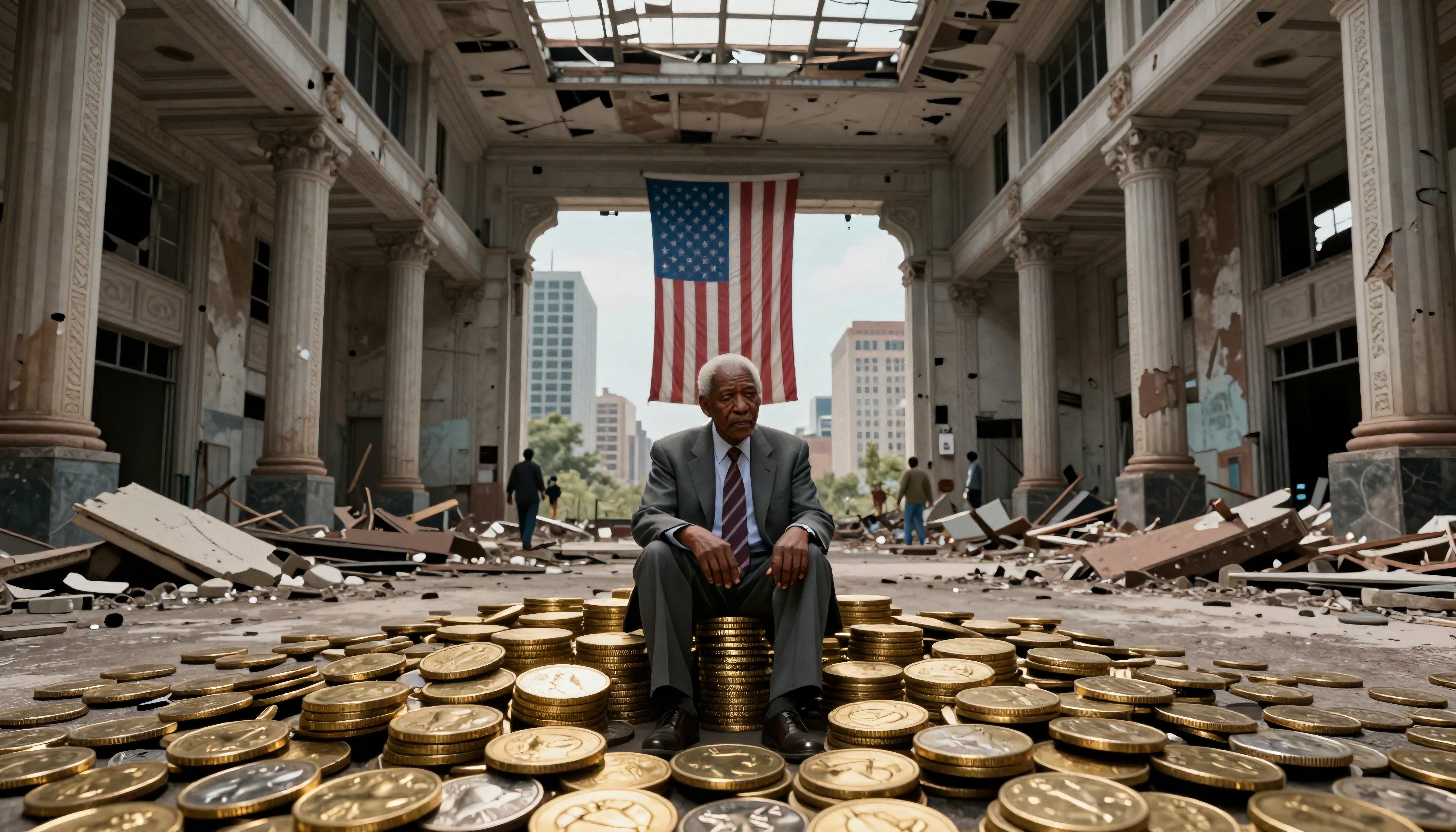 An elderly man surrounded by gold coins in a decaying building with an American flag in the background.