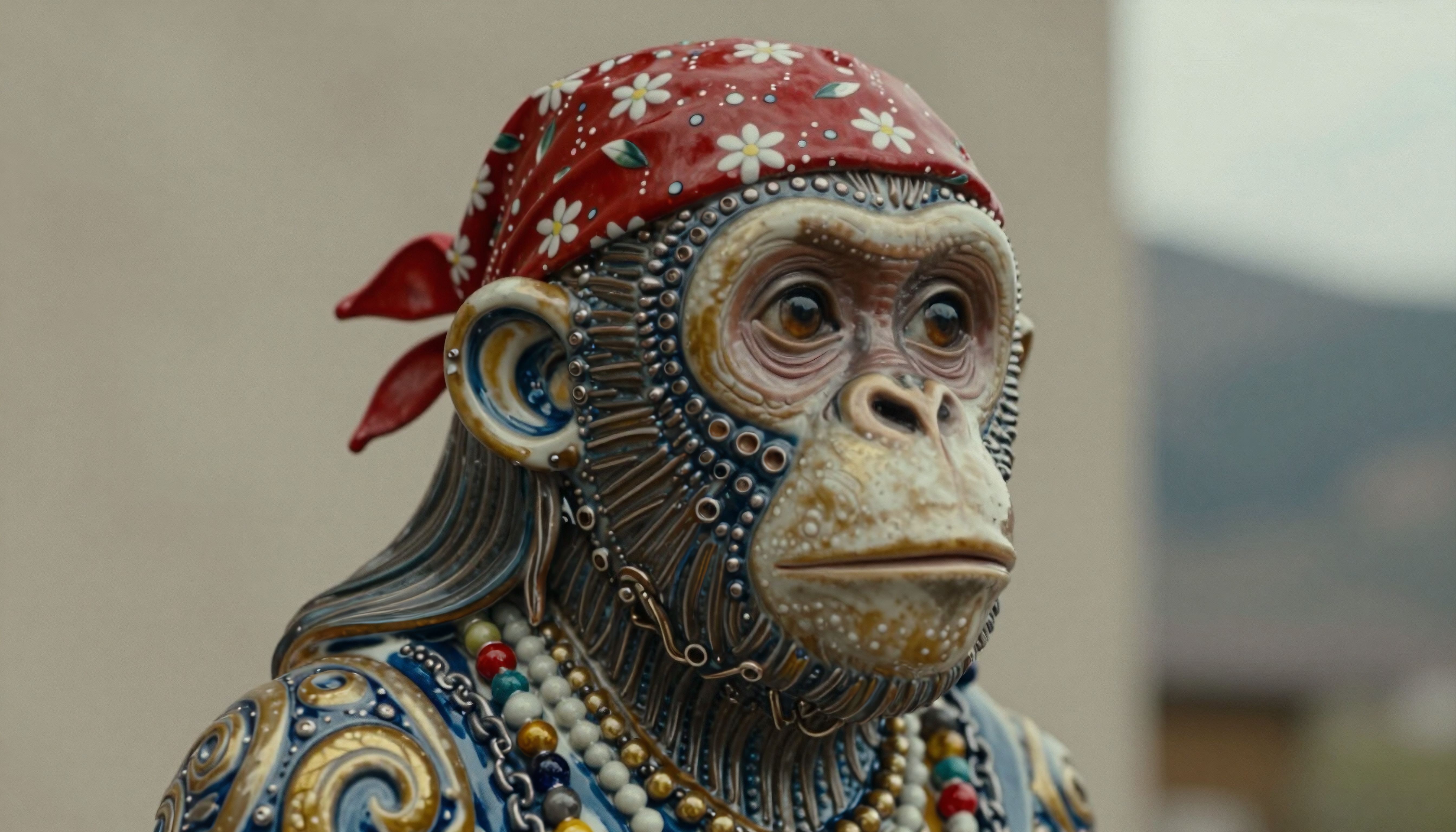 A detailed and colorful monkey sculpture with a red floral bandana and intricate bead designs.