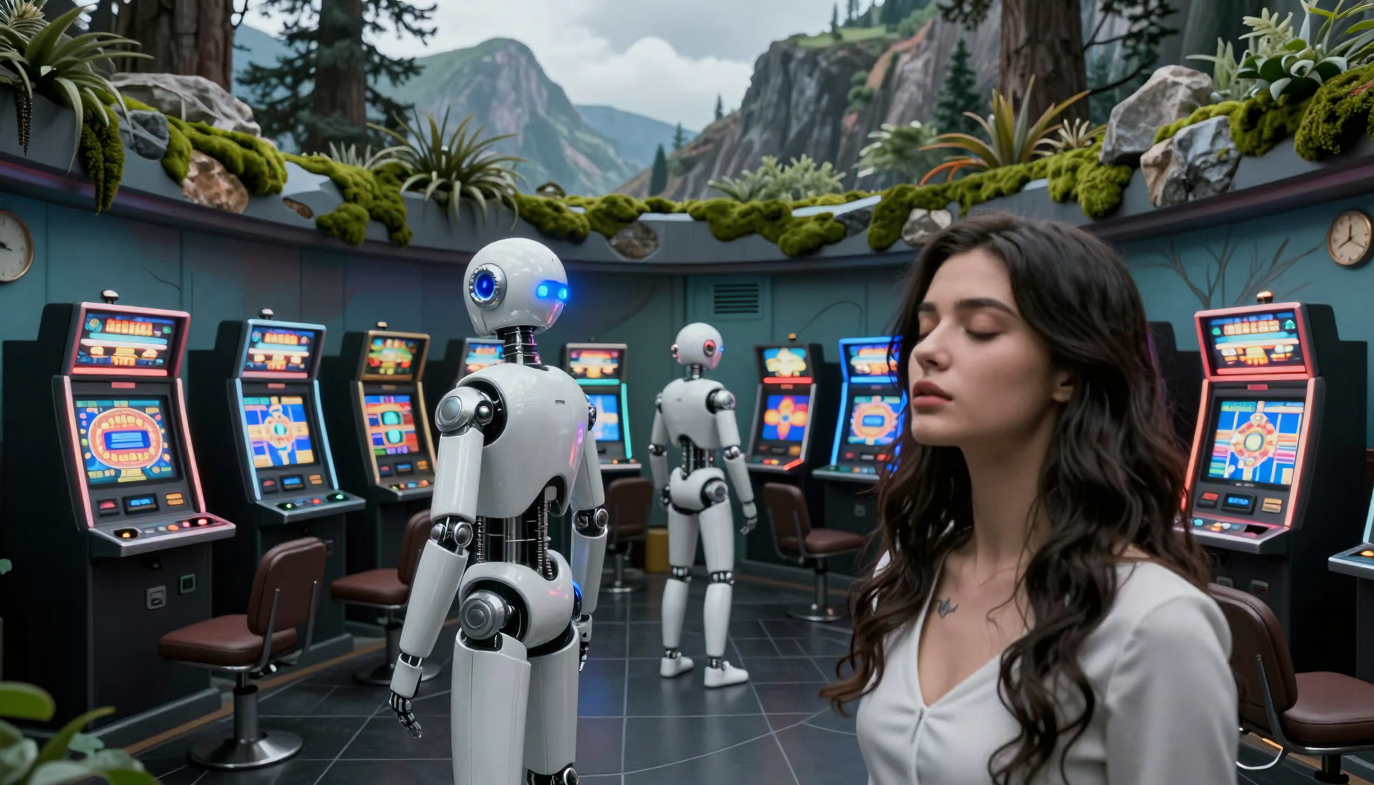 A serene woman meditating amid robots in a futuristic arcade surrounded by lush plants and mountain views.