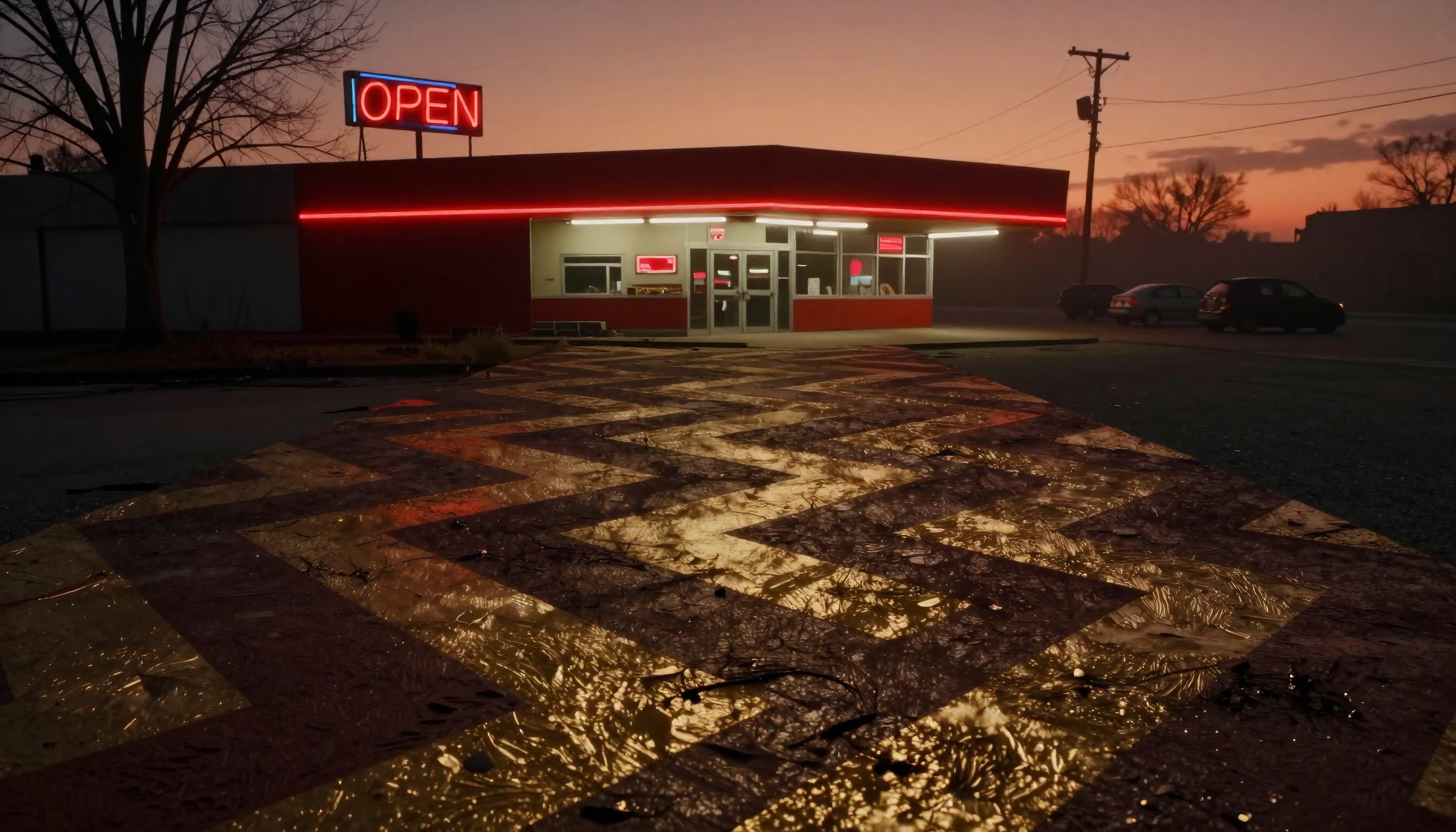 A small diner with a glowing neon OPEN sign illuminates a wet parking lot at twilight.