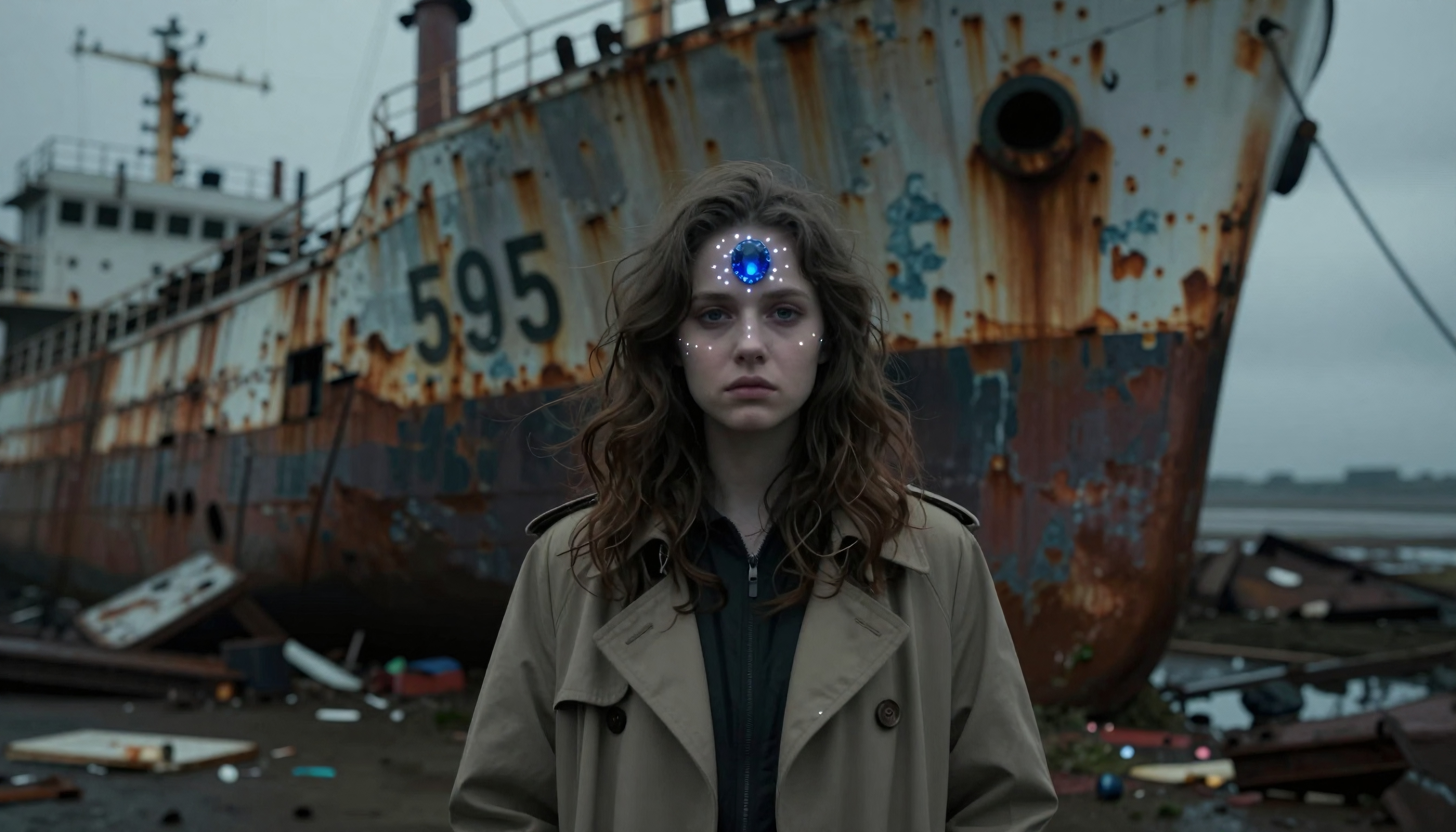 A woman with a glowing jewel stands in front of a rusted ship in a desolate setting.