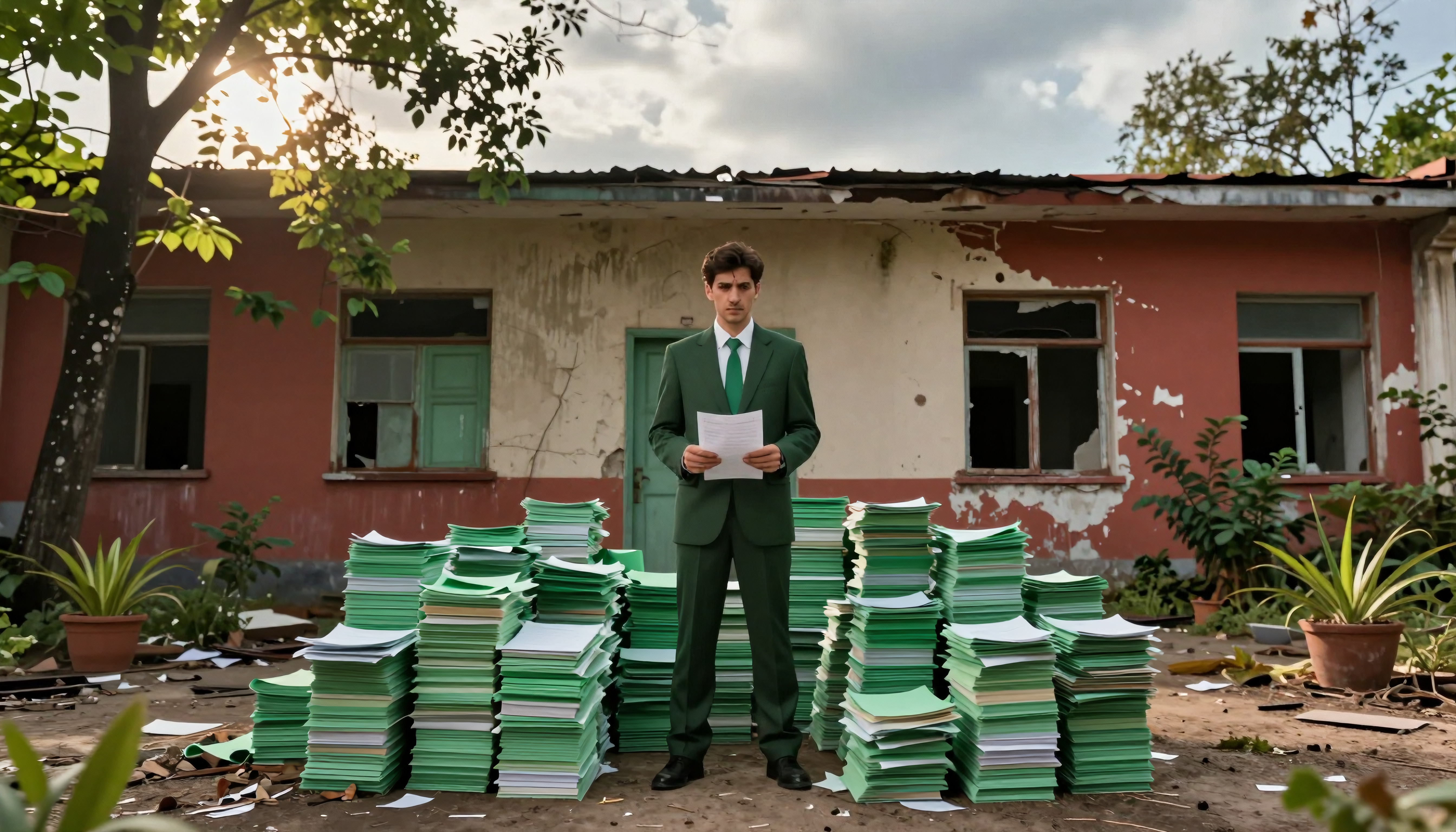 A man in a green suit stands with papers amidst stacks of green folders in front of a weathered building.