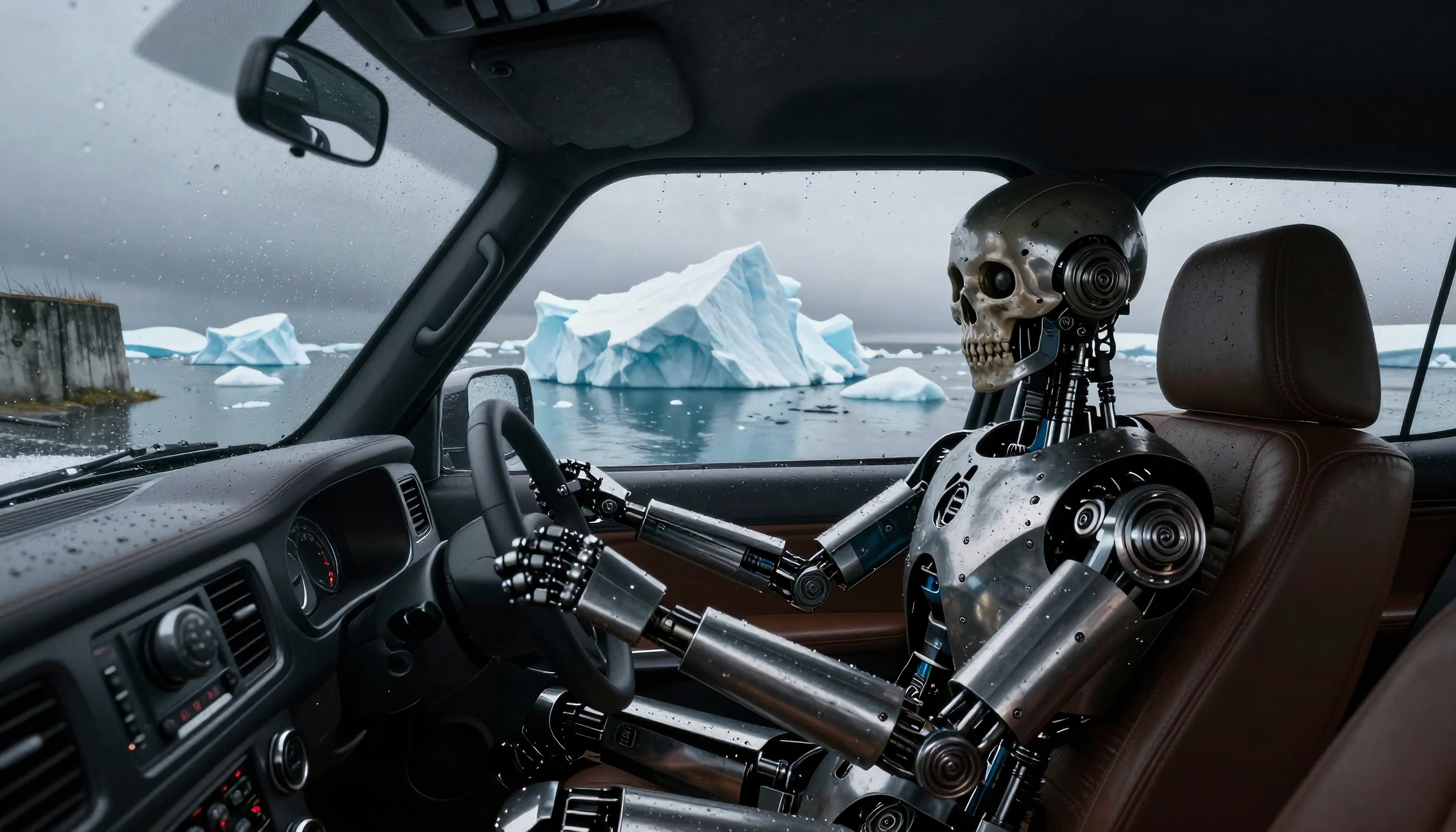 Robot with metallic skeleton driving car near icebergs.
