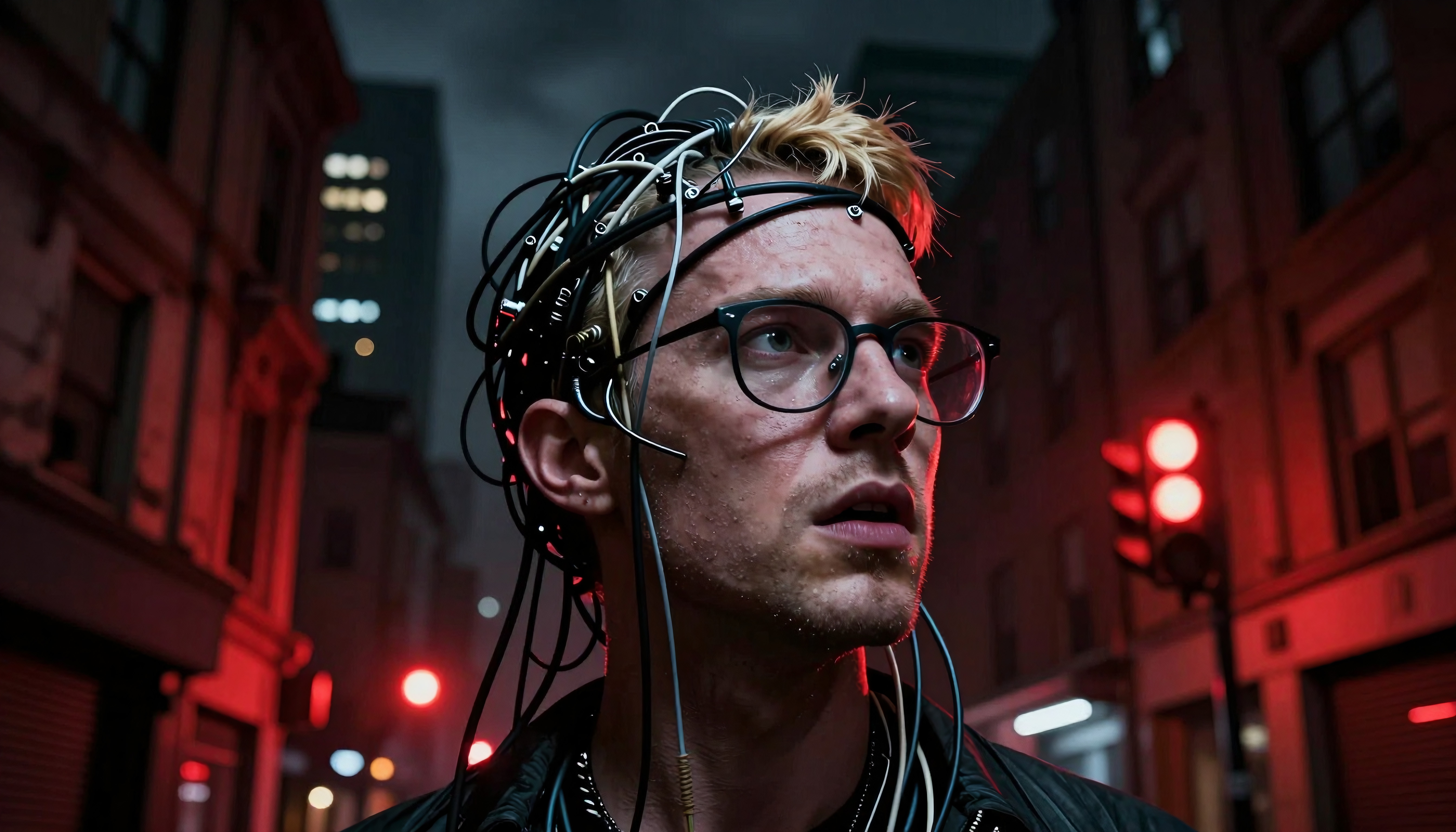 Person with wires and electrodes on head in urban night scene.