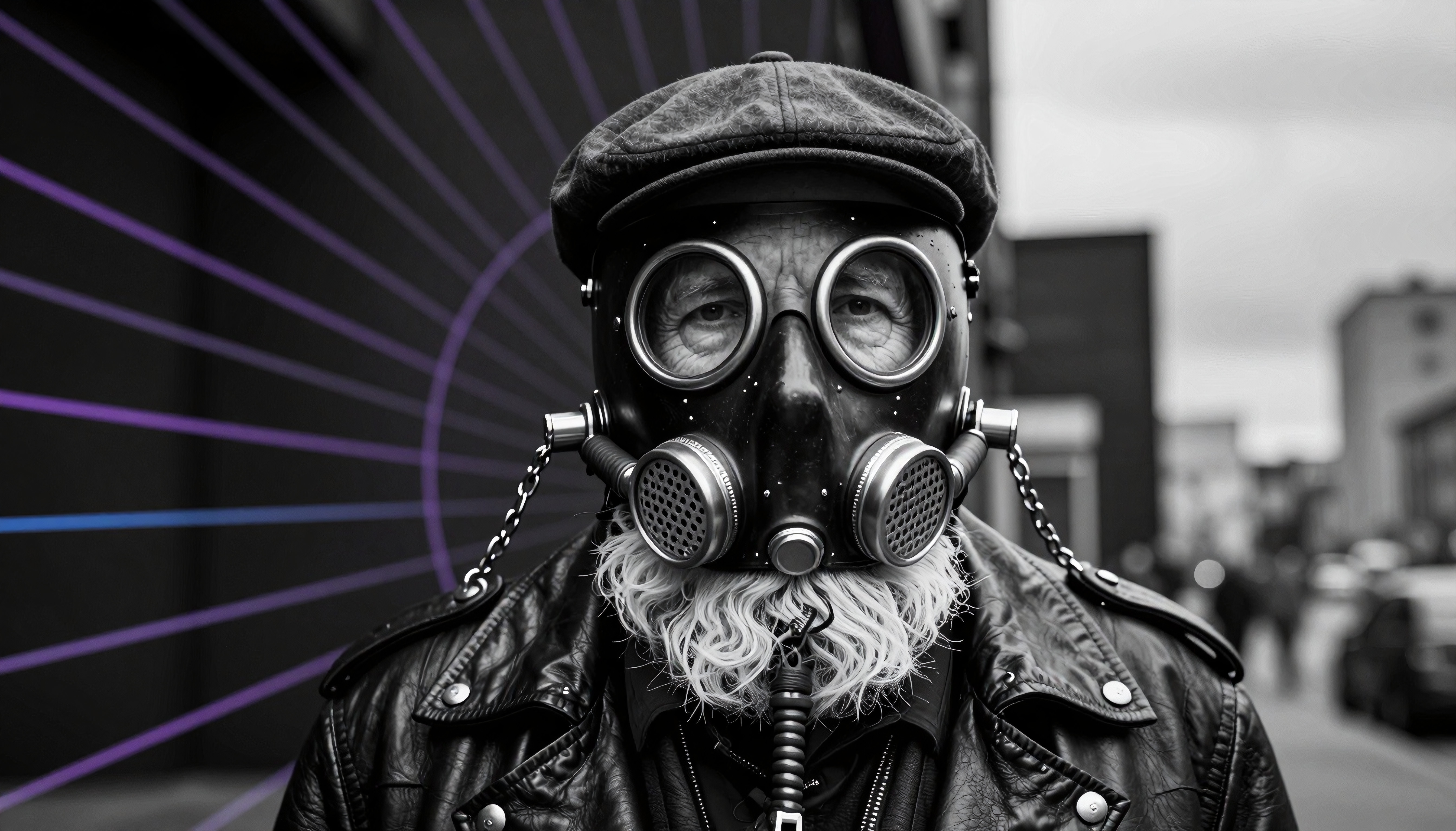 A person in a leather jacket and intricate gas mask stands in an urban setting with a dramatic background, reflecting a steampunk-inspired fashion statement.