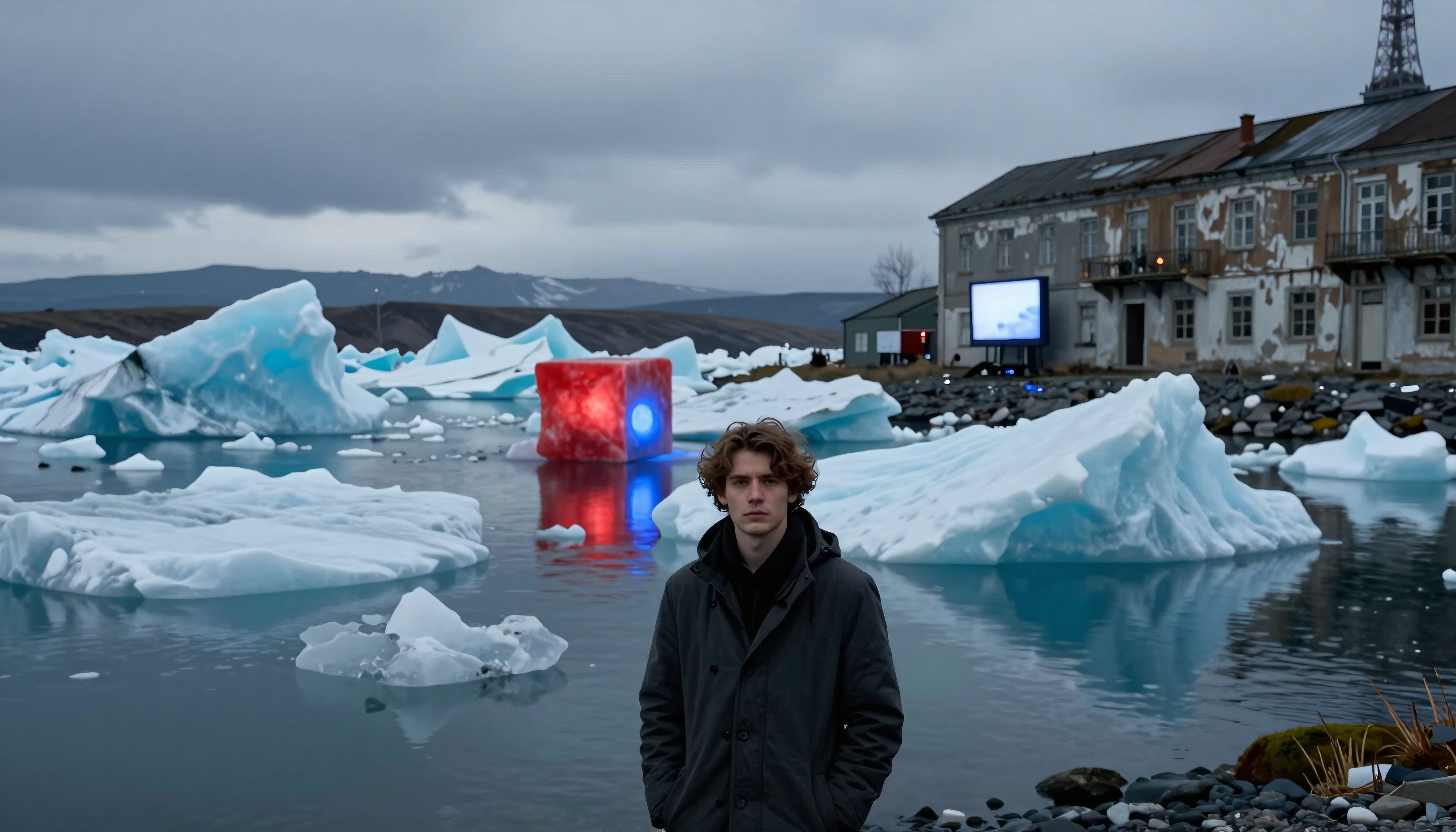 A young man in a coat stands by an icy shore with floating icebergs and a glowing red cube.