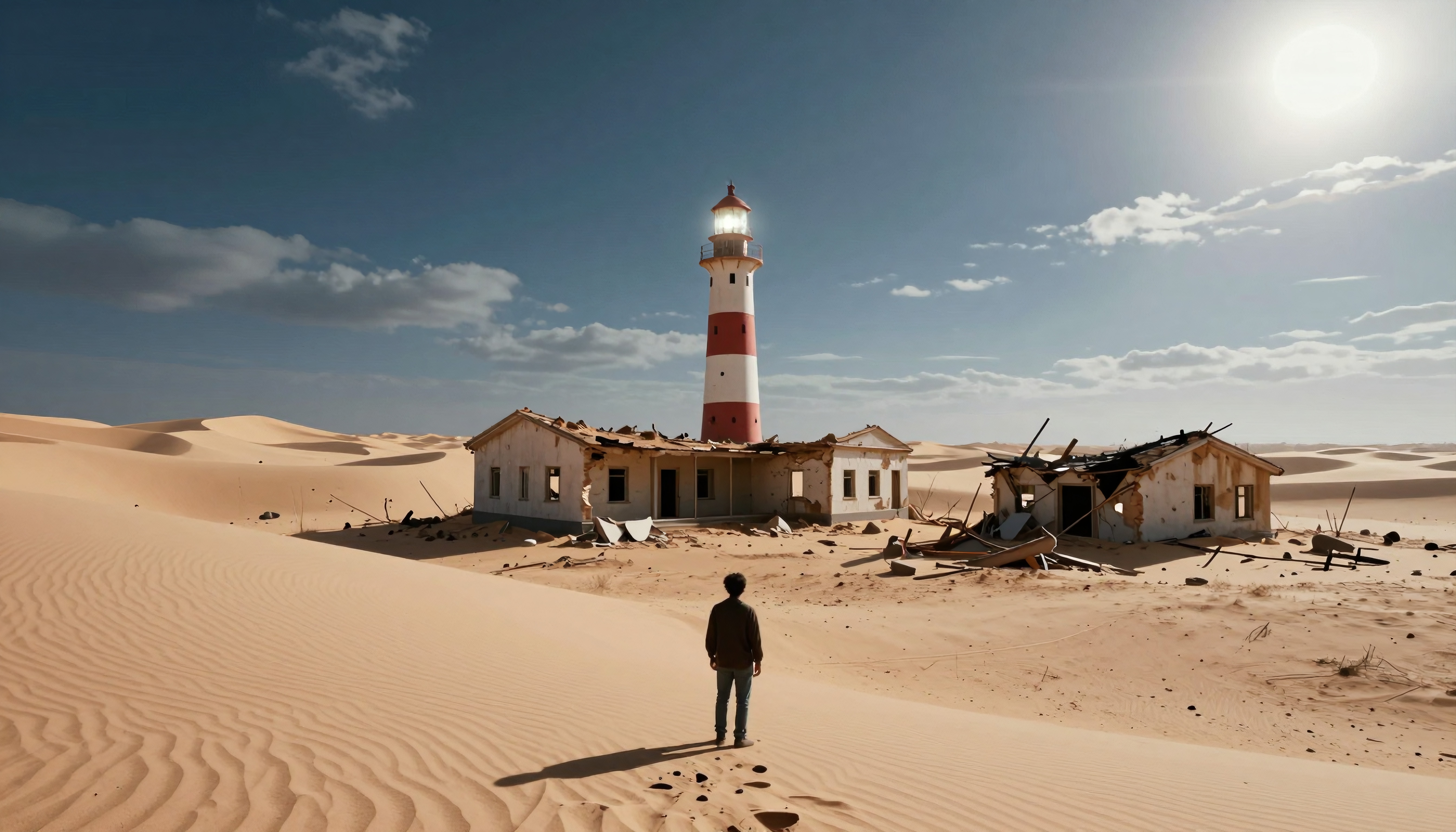 A person stands before a lighthouse and ruined buildings in a desert under the sun.