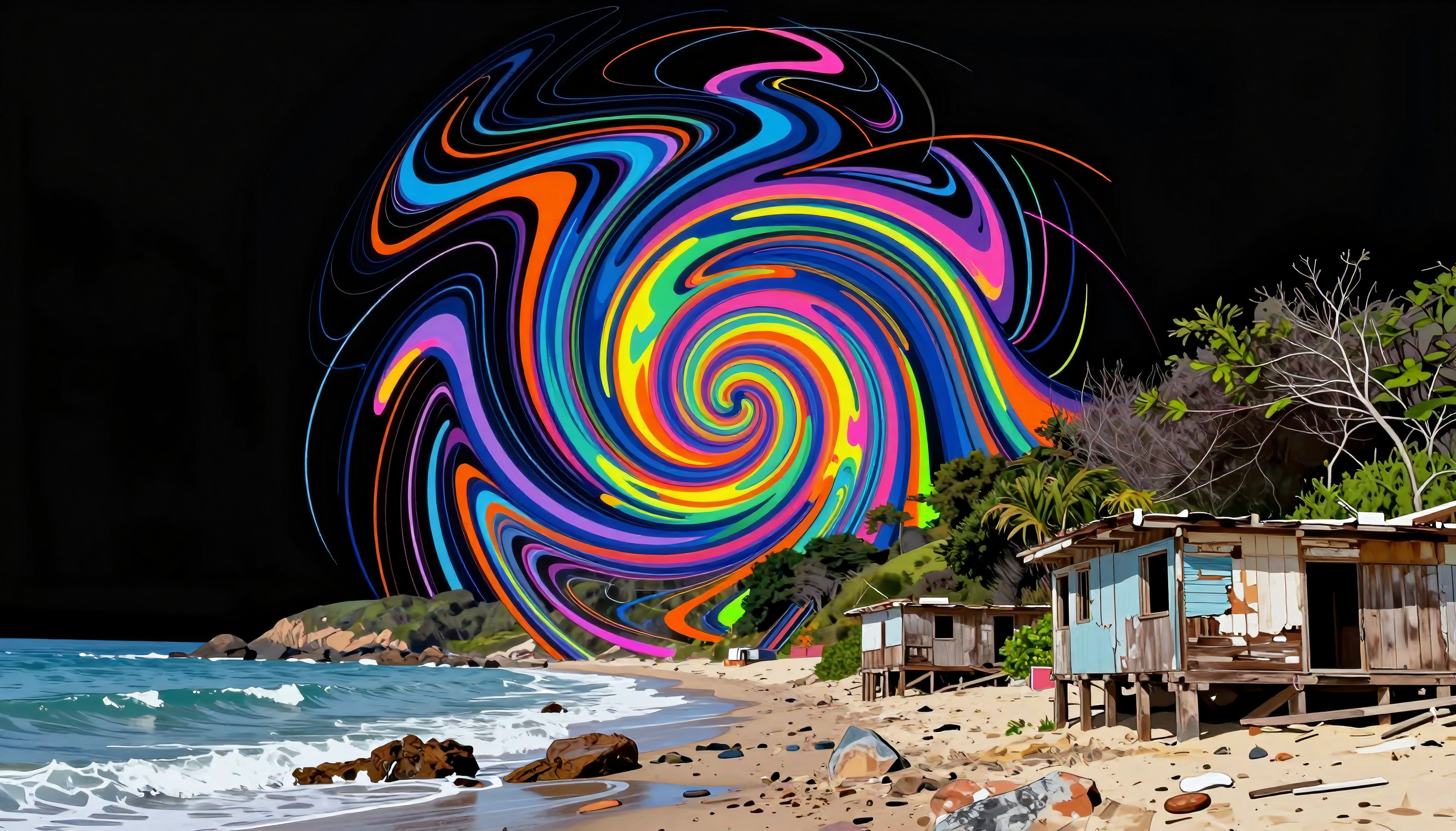 A swirling vortex of vibrant colors spins over tropical beach huts along a serene coastline.