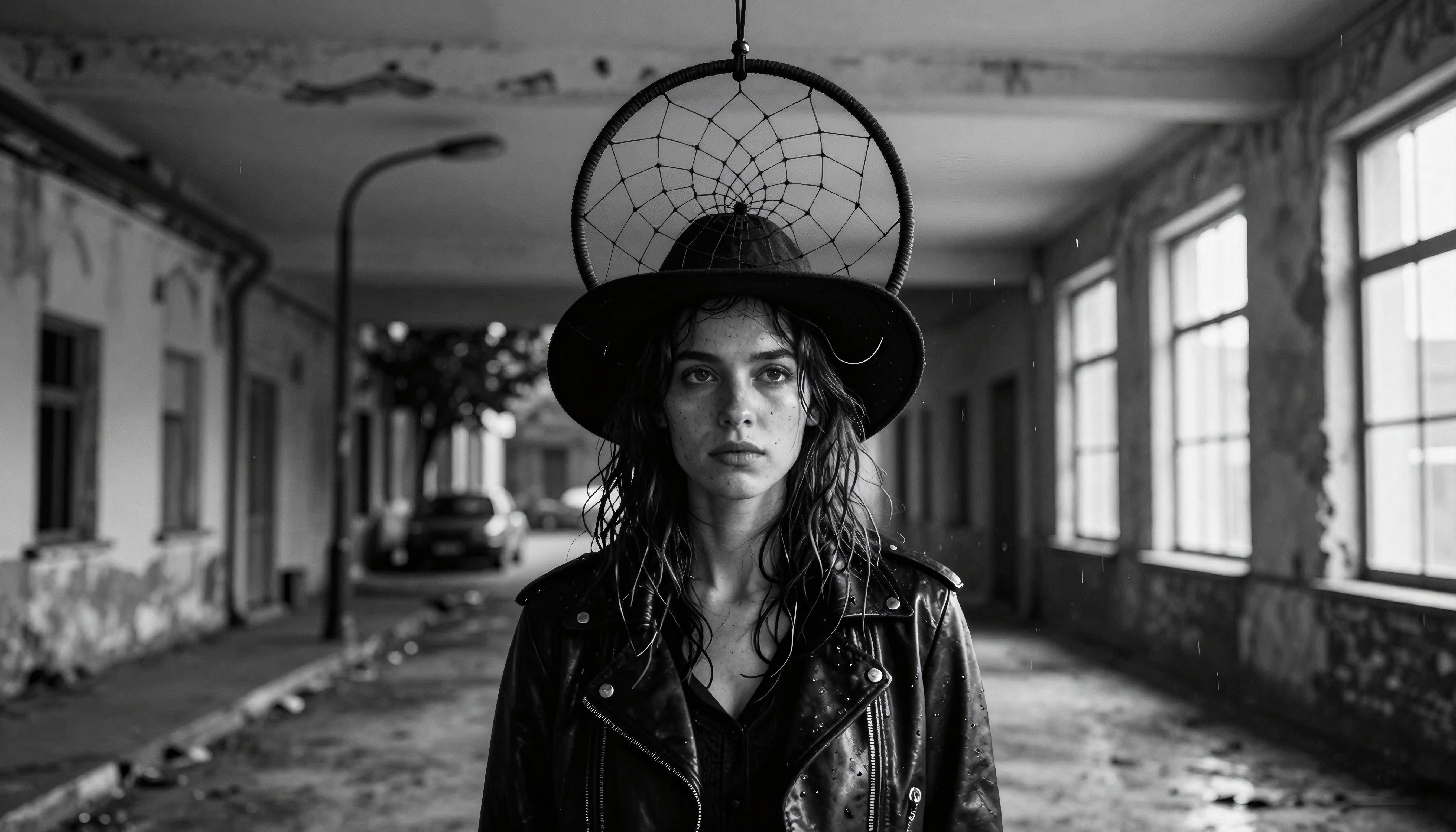 A woman stands in an alley, wearing a leather jacket and a hat with a dreamcatcher, set in a rainy urban environment.