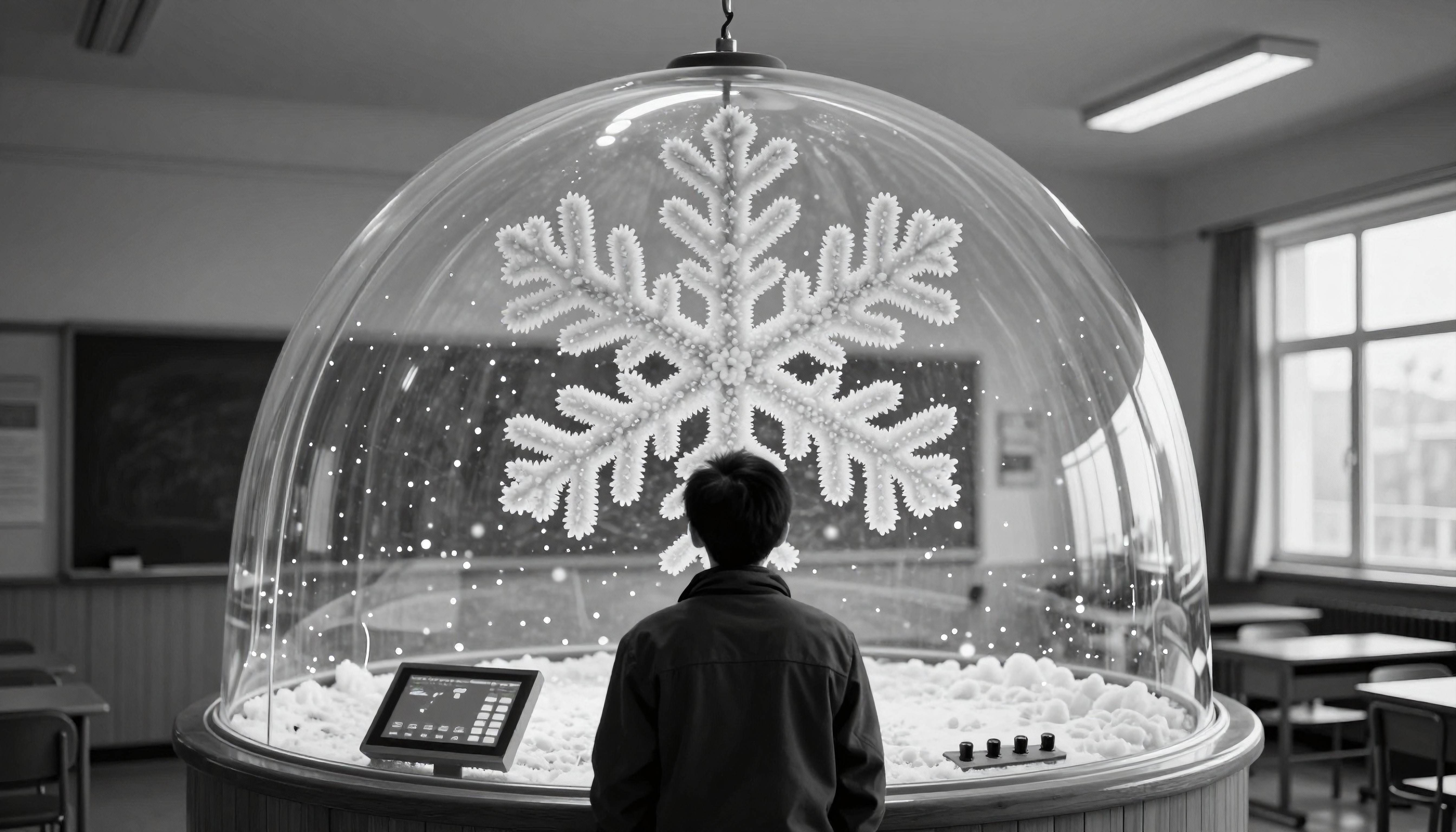 A child admires a giant snowflake in an educational glass dome in a classroom setting.