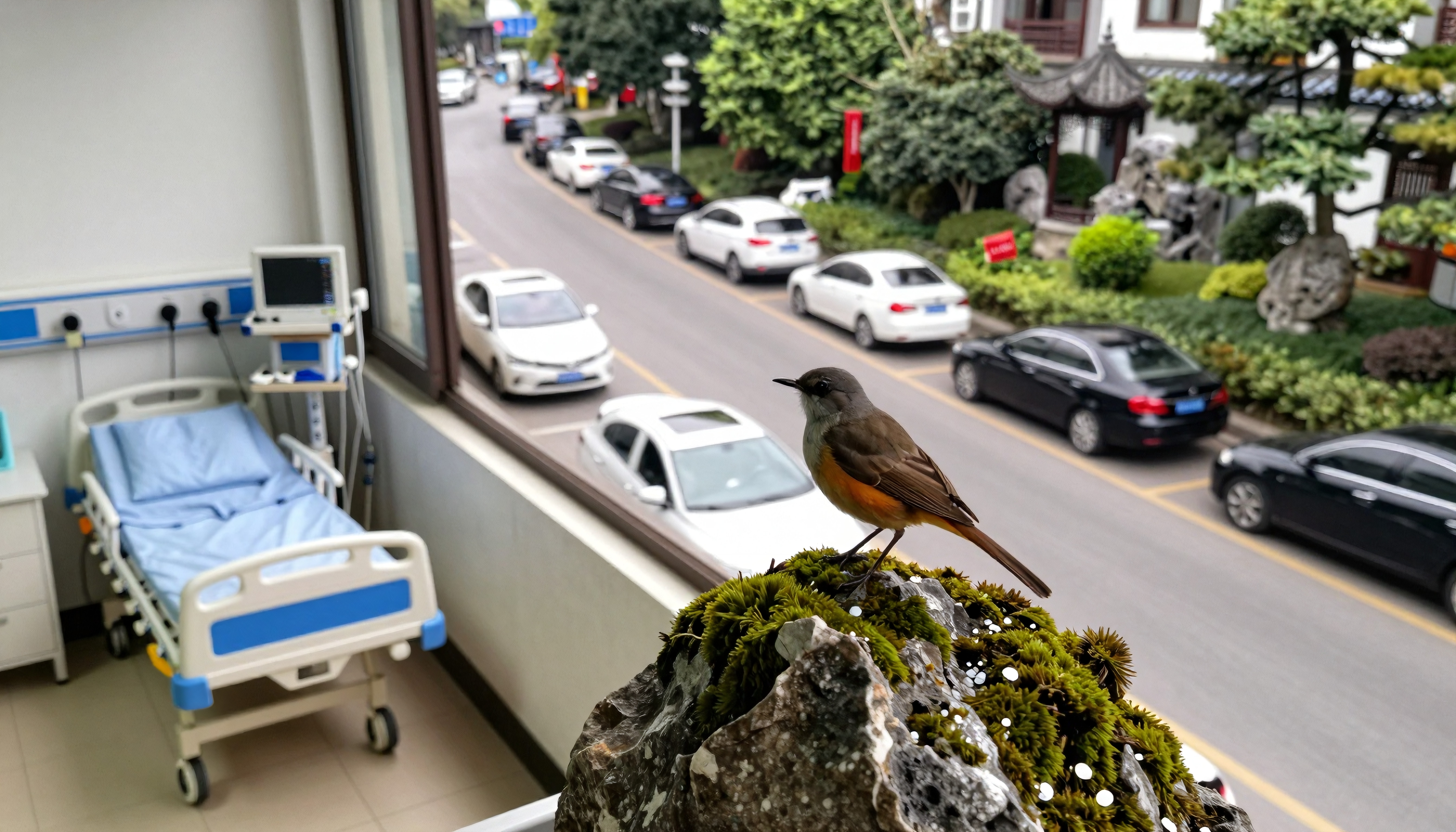 Bird perches outside hospital window offering unique urban-nature view.