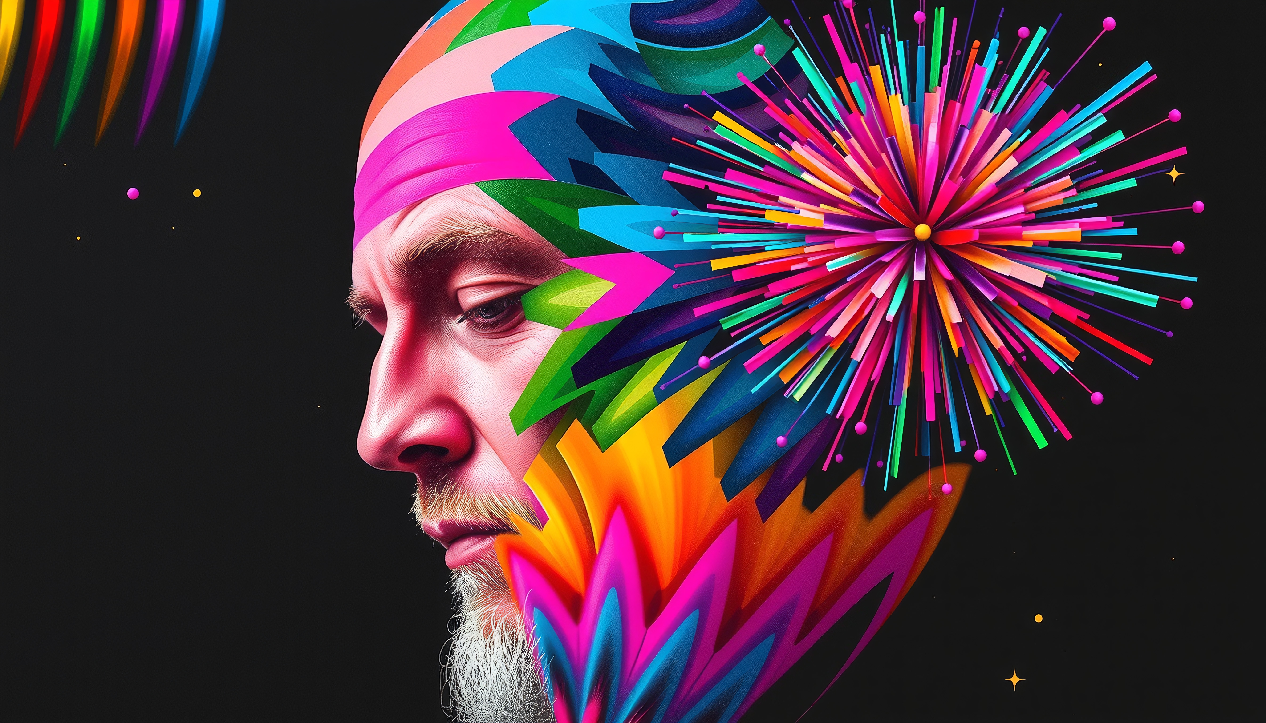 An abstract portrait of a man's profile with vibrant geometric shapes and explosions of color.