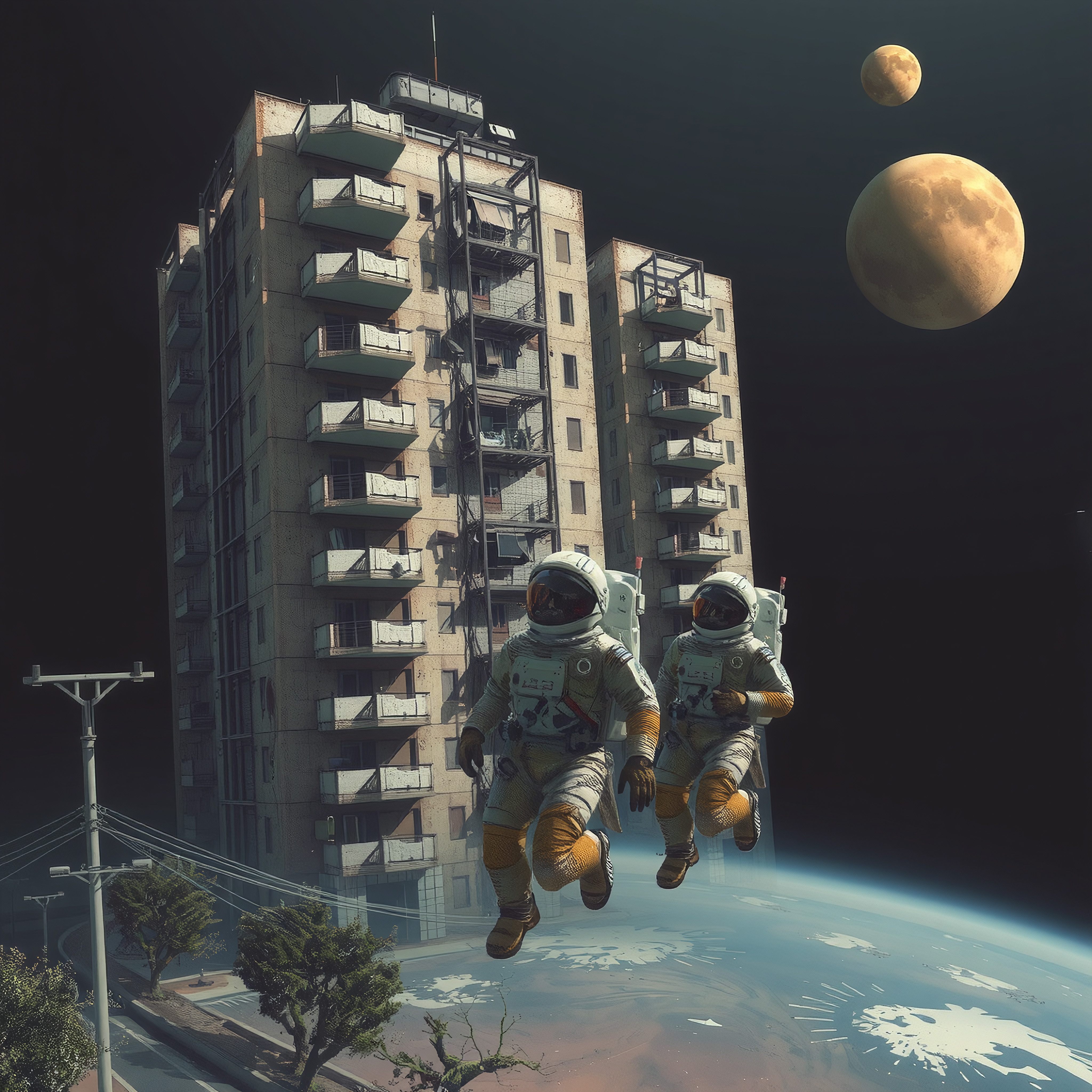 Astronauts floating near an abandoned city building in space.