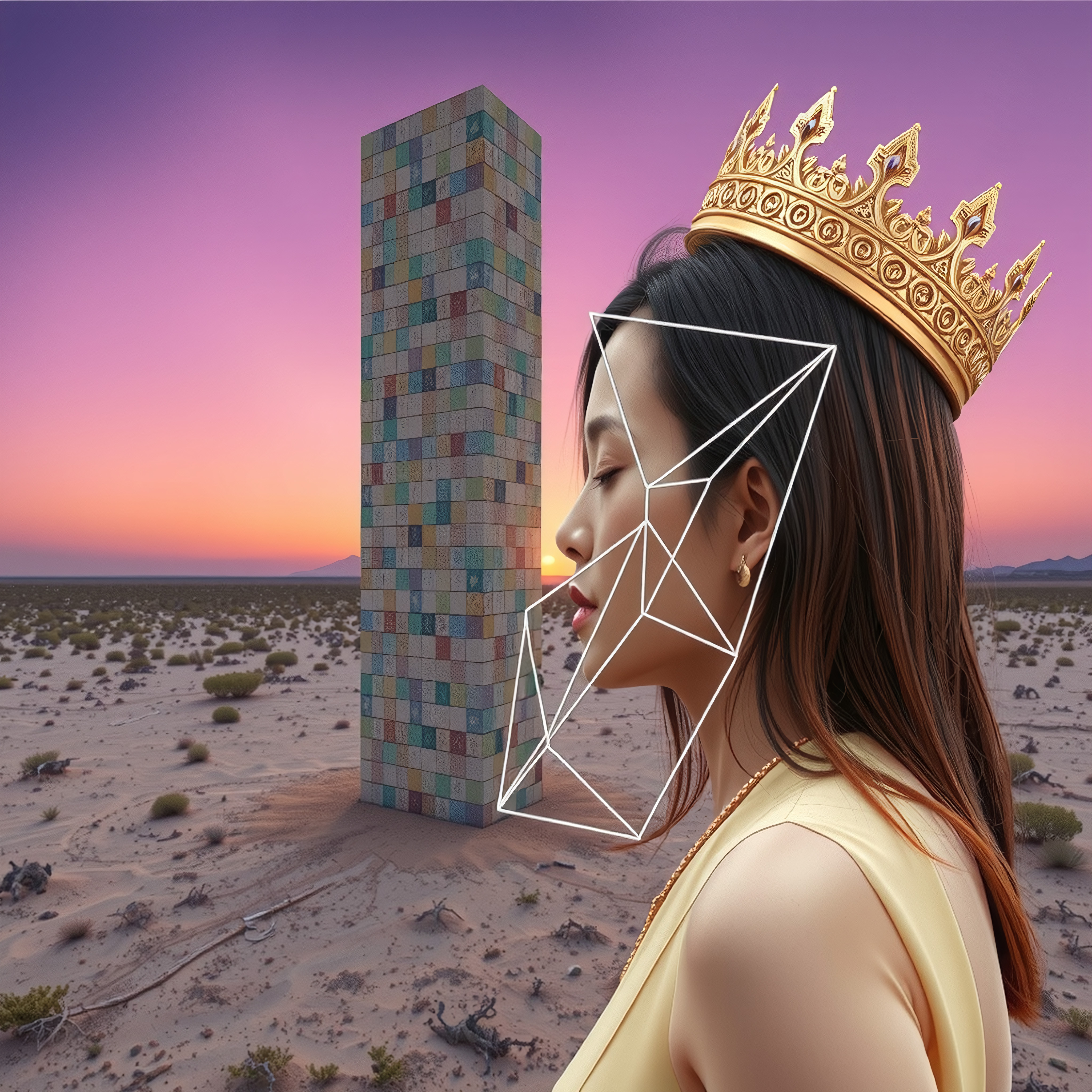Portrait of a Woman with Crown Overlay in a Desert Landscape at