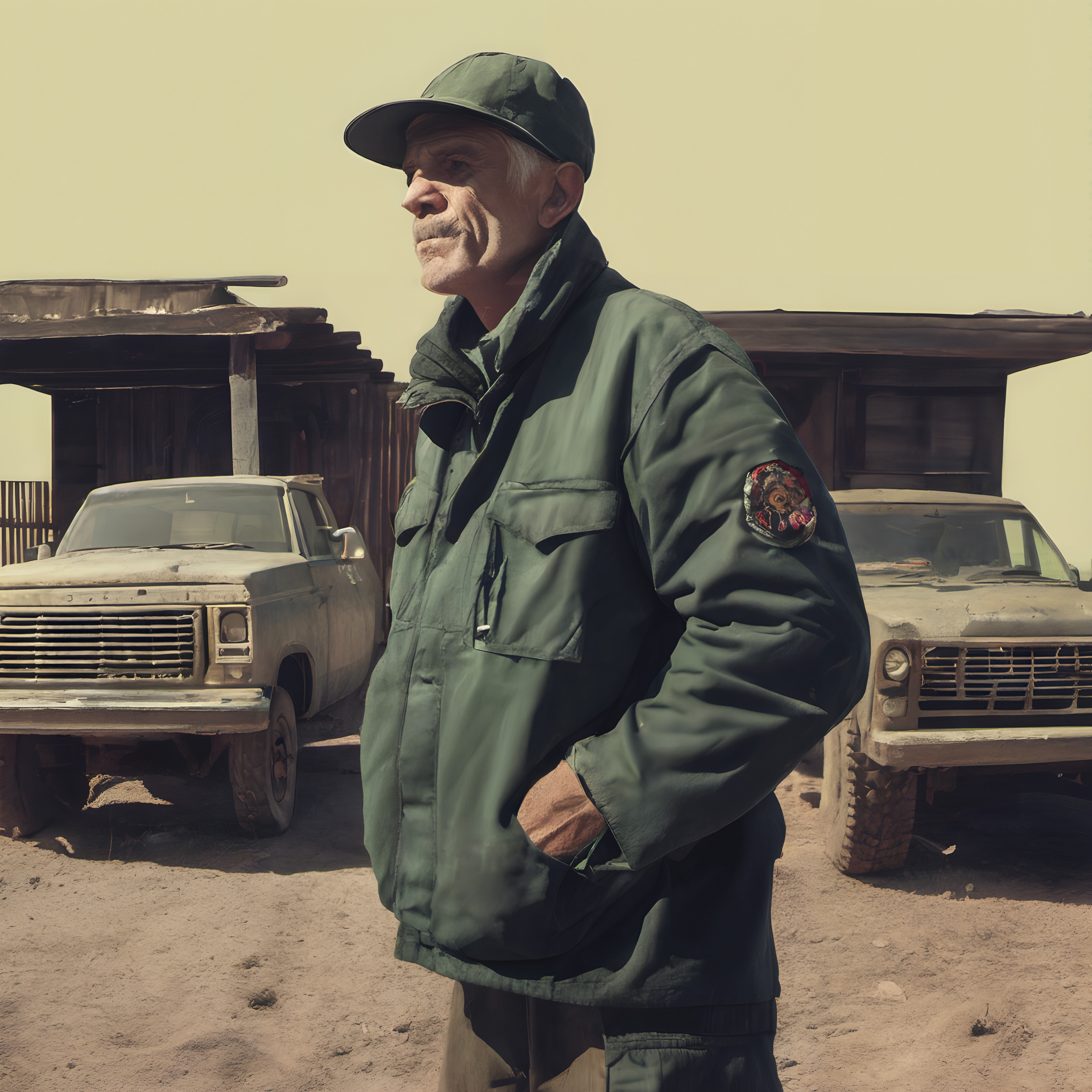 Deserted Trucks and Stalwart Man