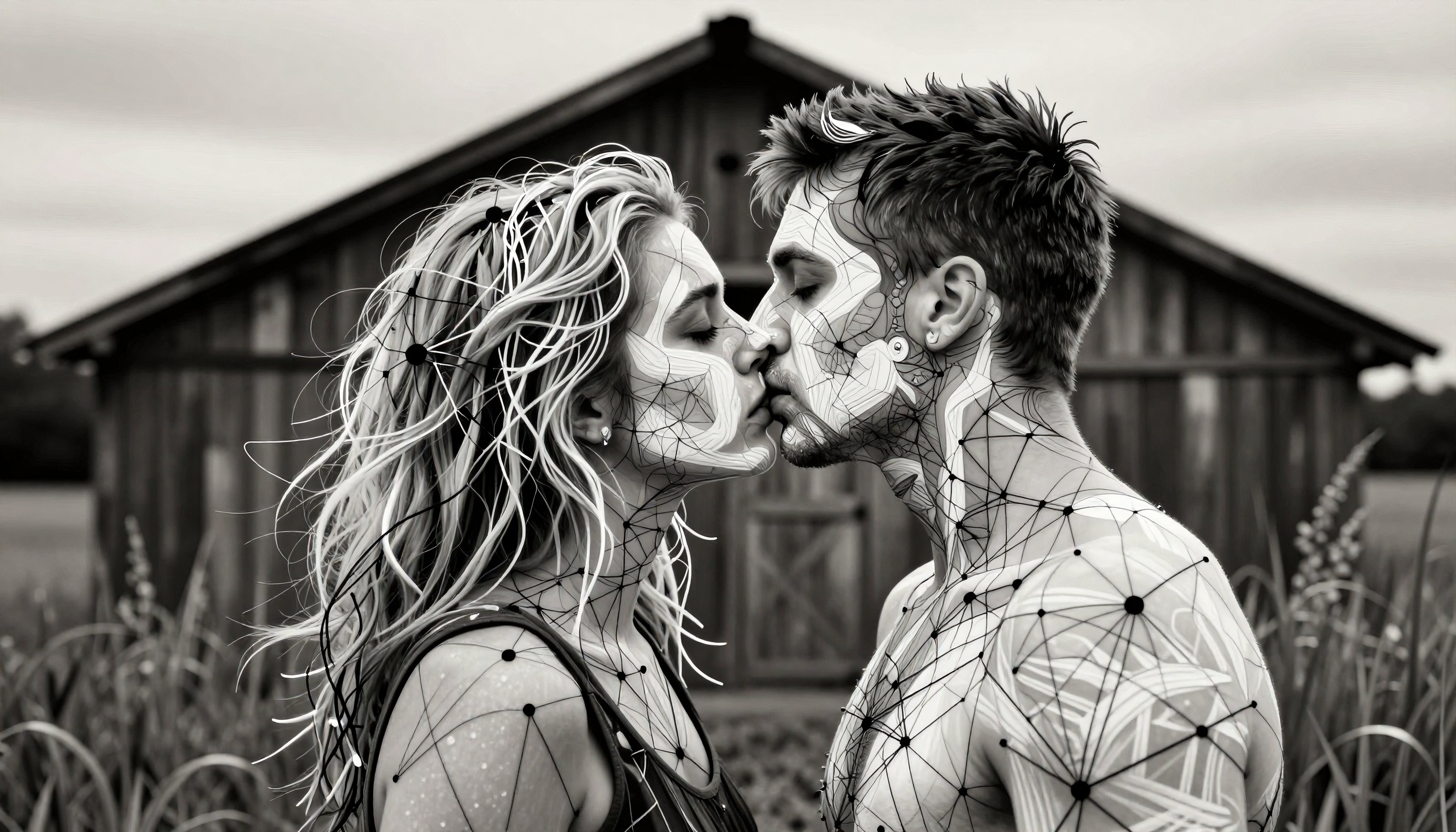 Black and White Portrait of Couple with Geometric Body Paint