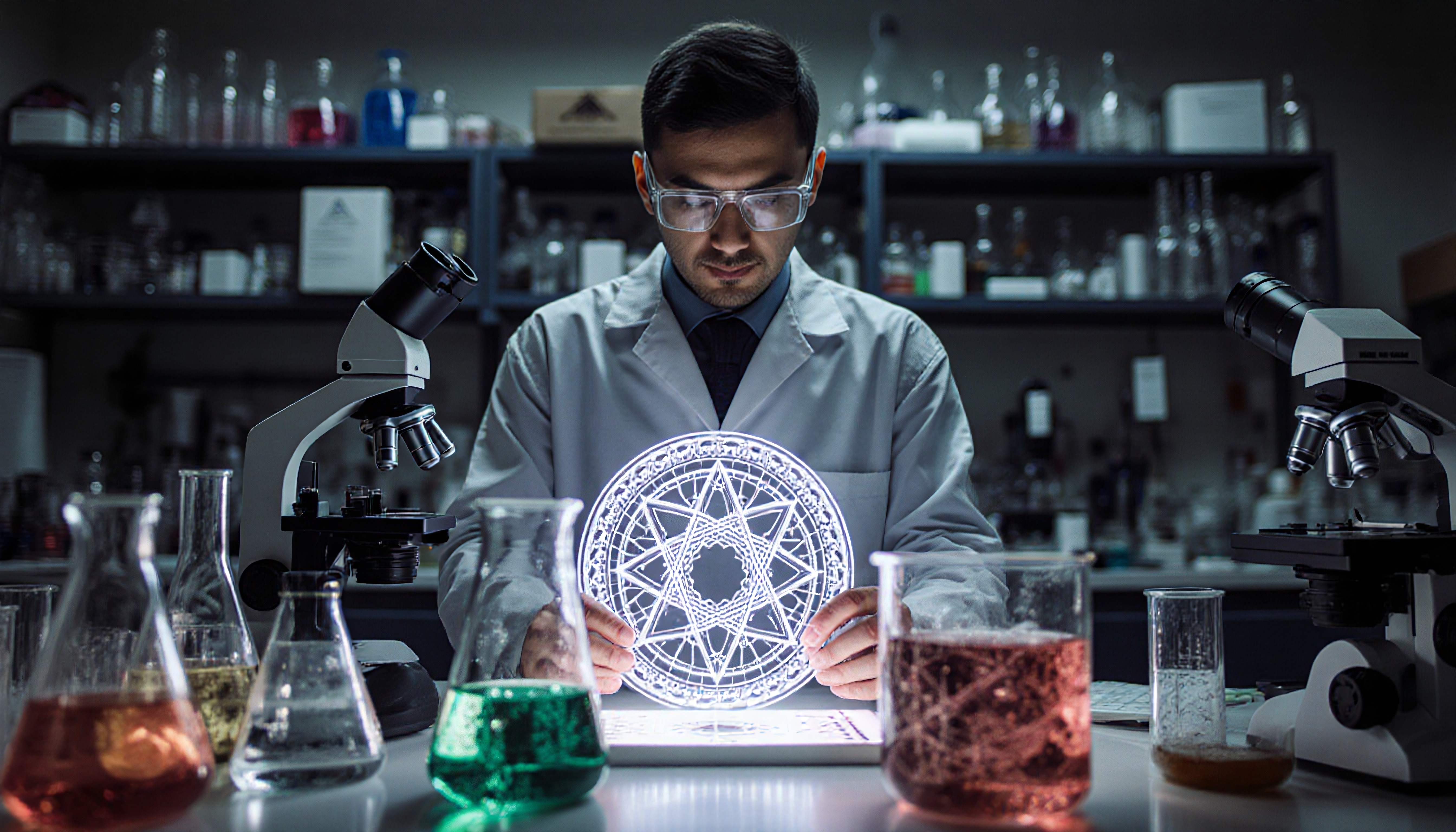 Scientist examines glowing geometric pattern in laboratory.