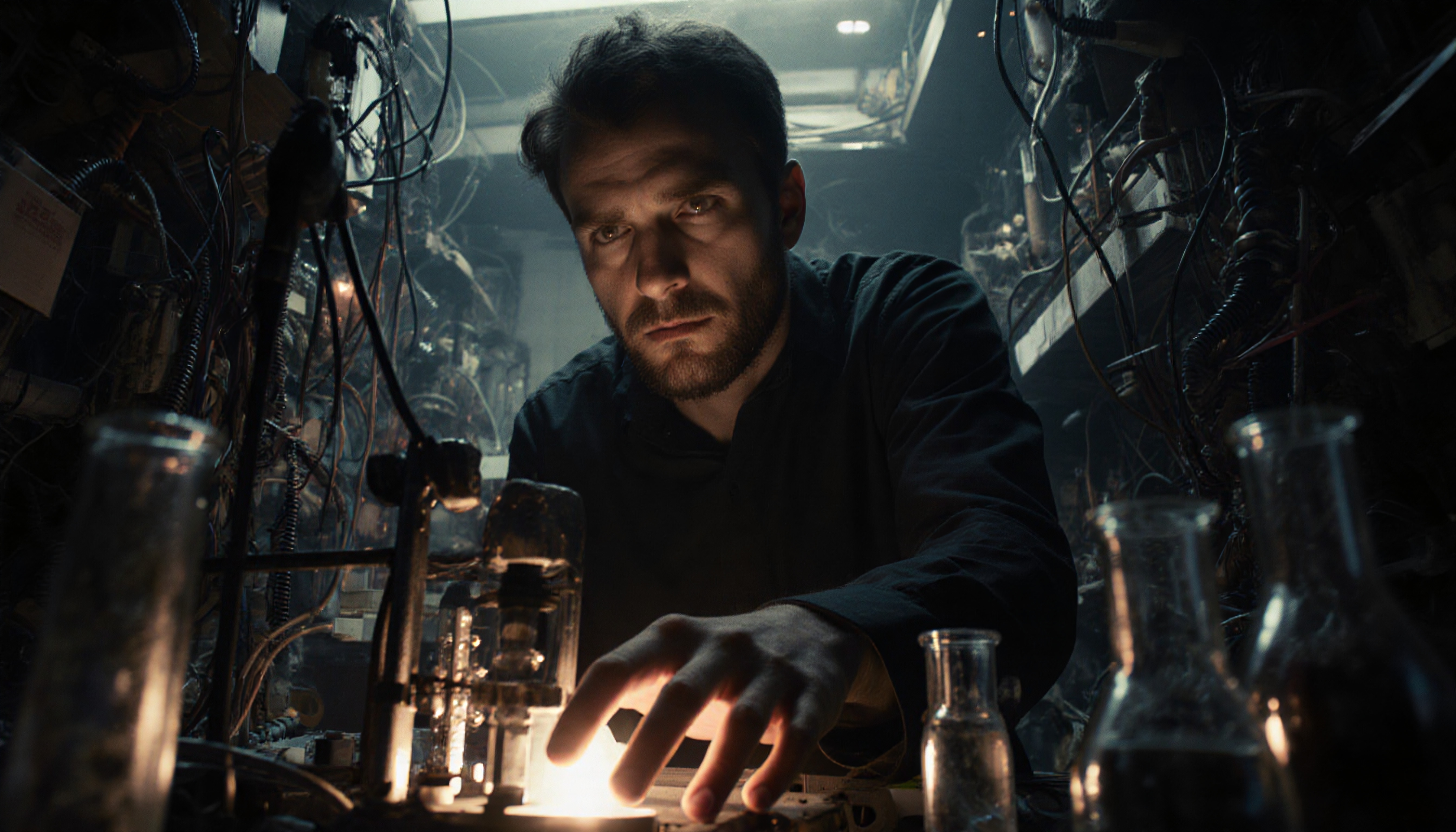 A man in a dimly lit laboratory examines equipment, surrounded by cables and science apparatus.