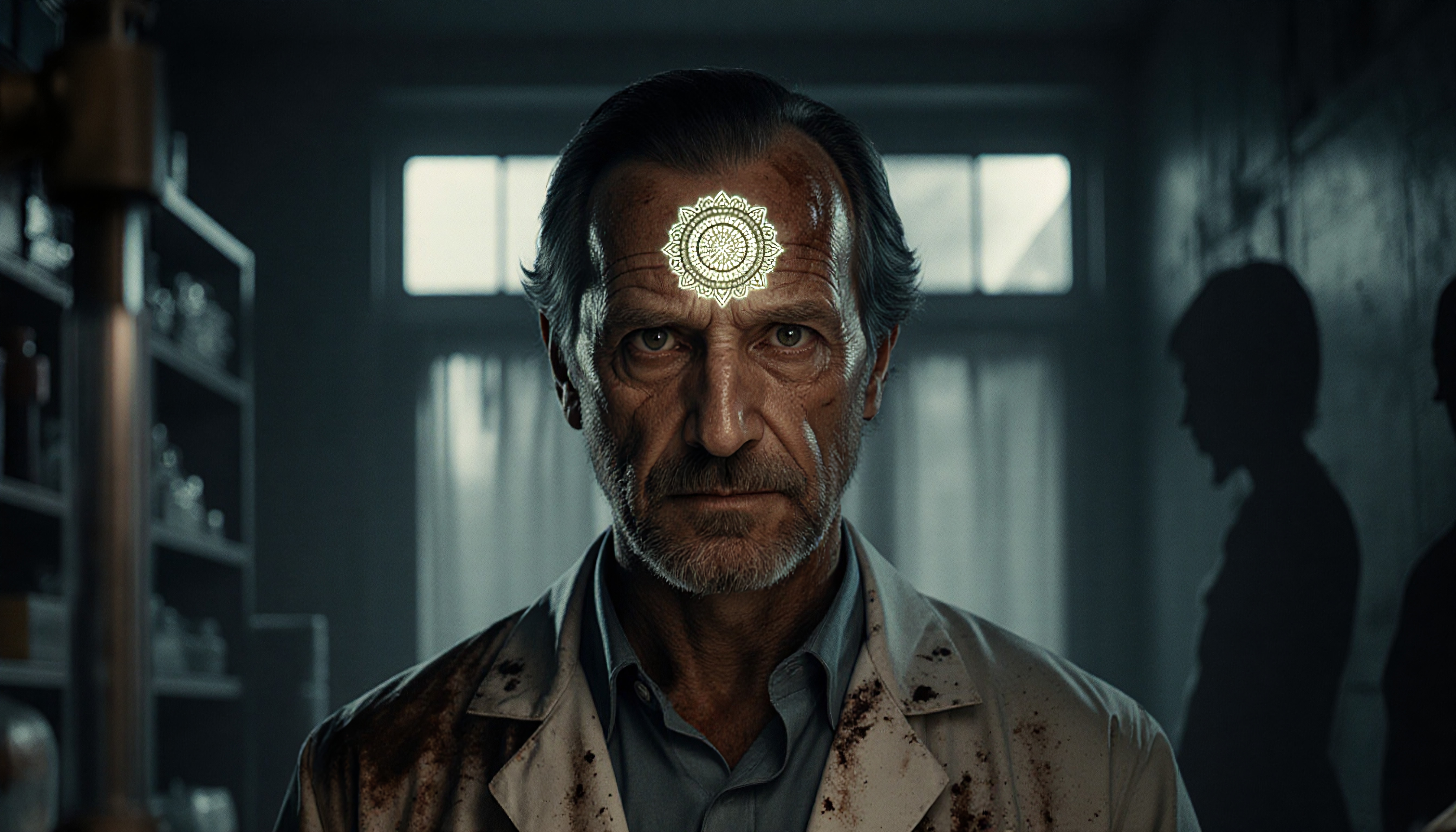 An older man in a laboratory with a glowing mandala design on his forehead, wearing a stained lab coat, stands against a dark, mysterious background.