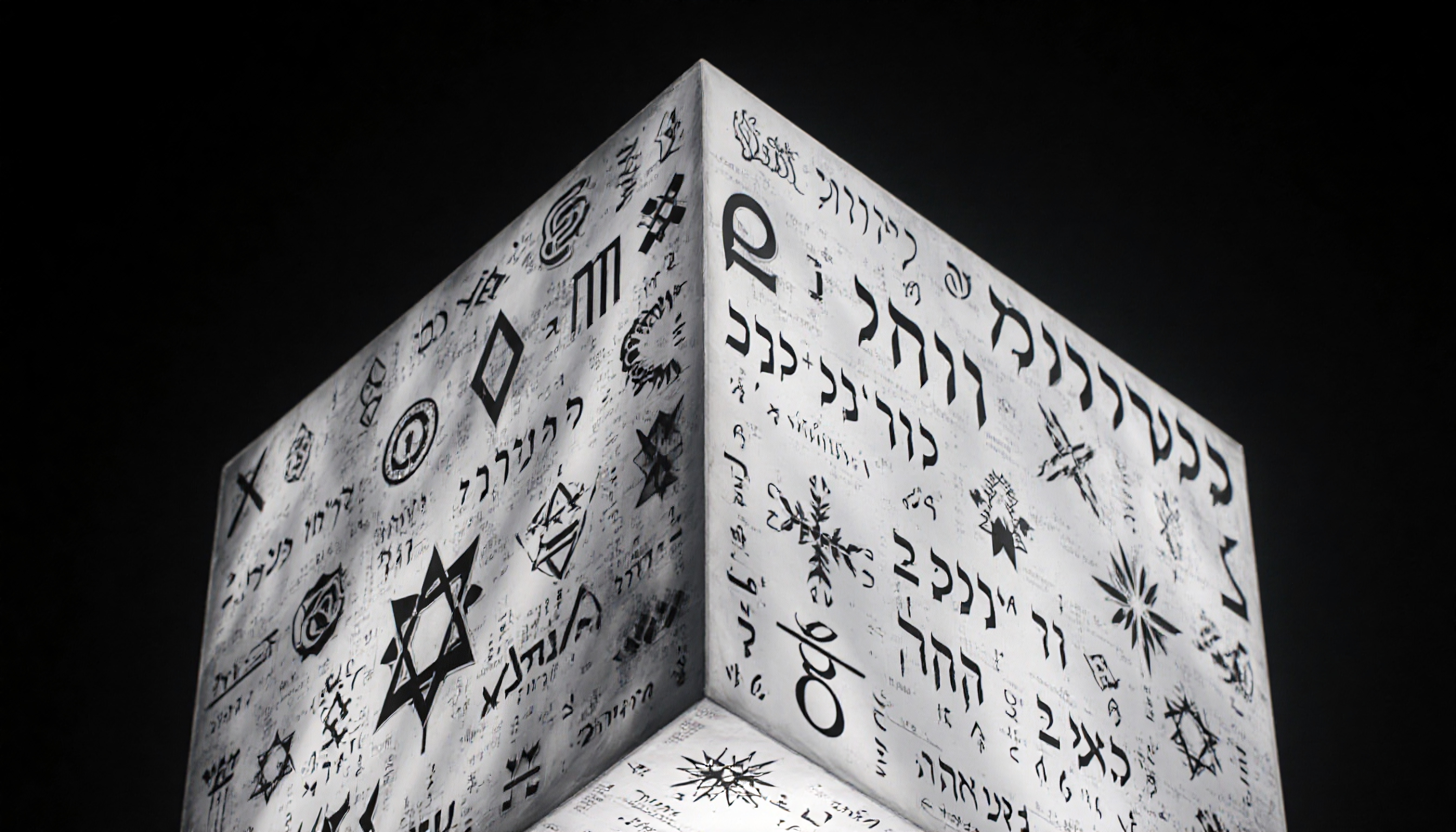 A white cube covered in mystical symbols and scripts against a black background.
