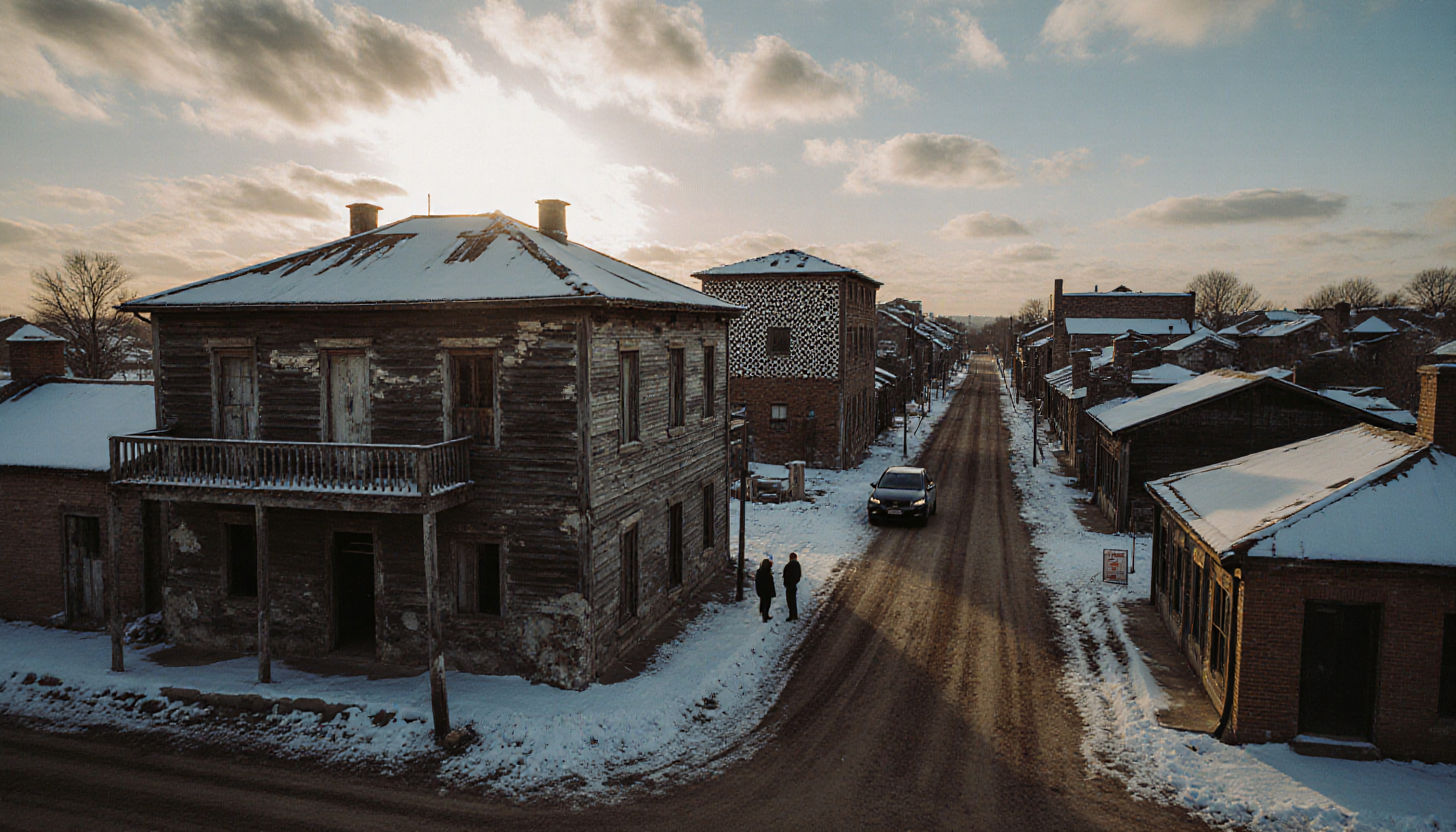 A snow-covered abandoned town during sunset.