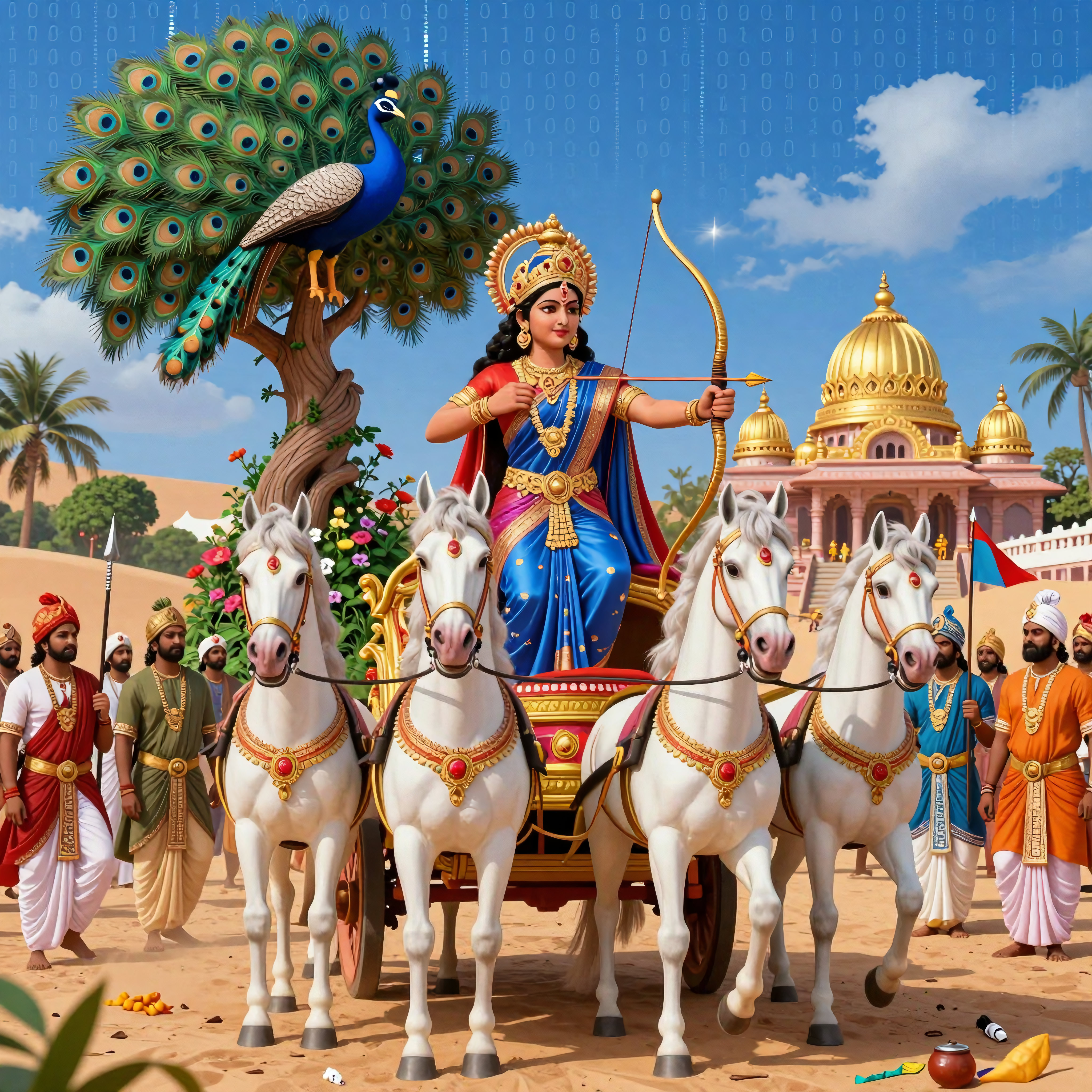 Hindu Goddess Durga Royal Chariot with Peacock Tree