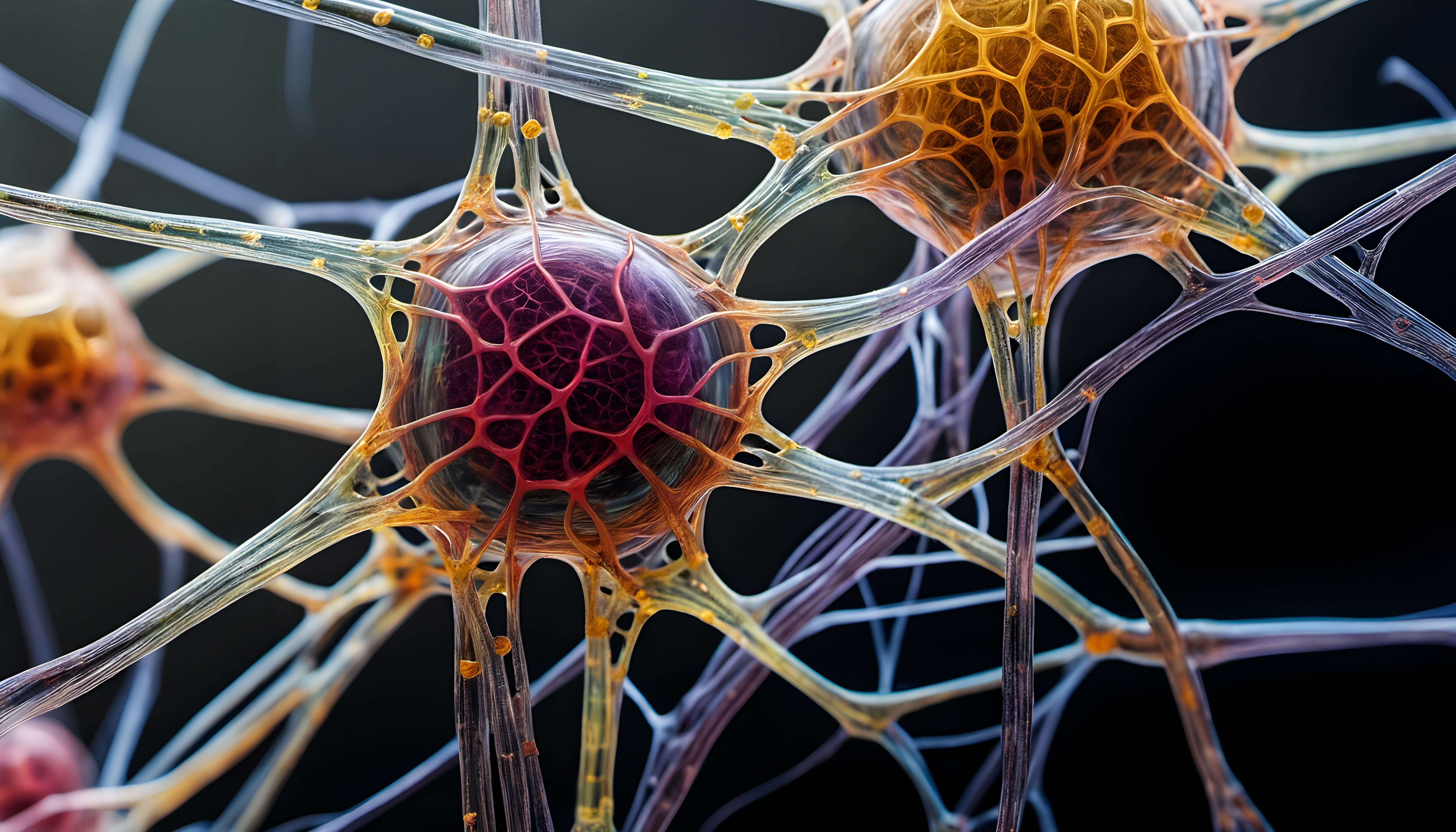 Illustration of colorful interconnected neurons showcasing complex neural structures against a black background.