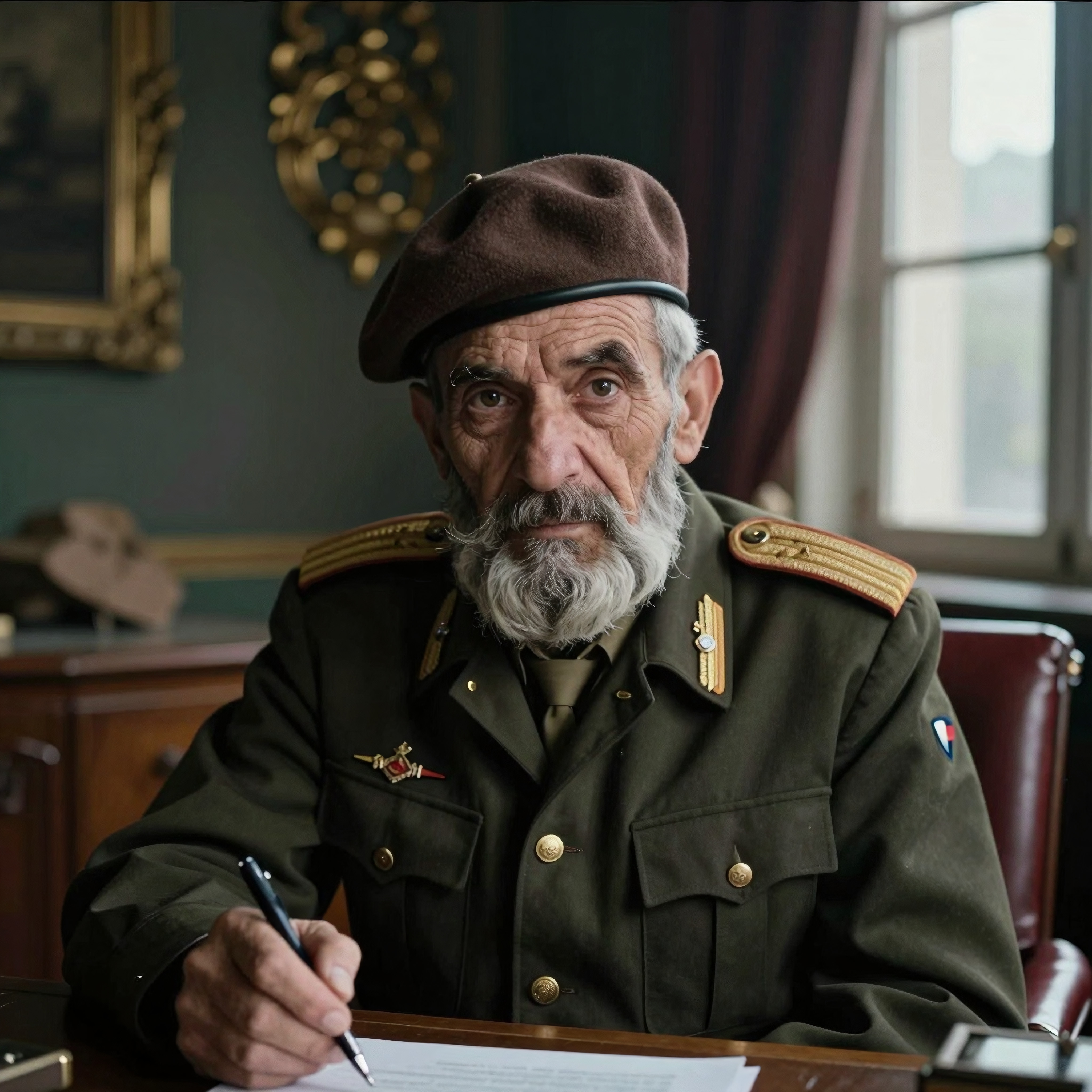 Elderly man in military uniform writing at desk.
