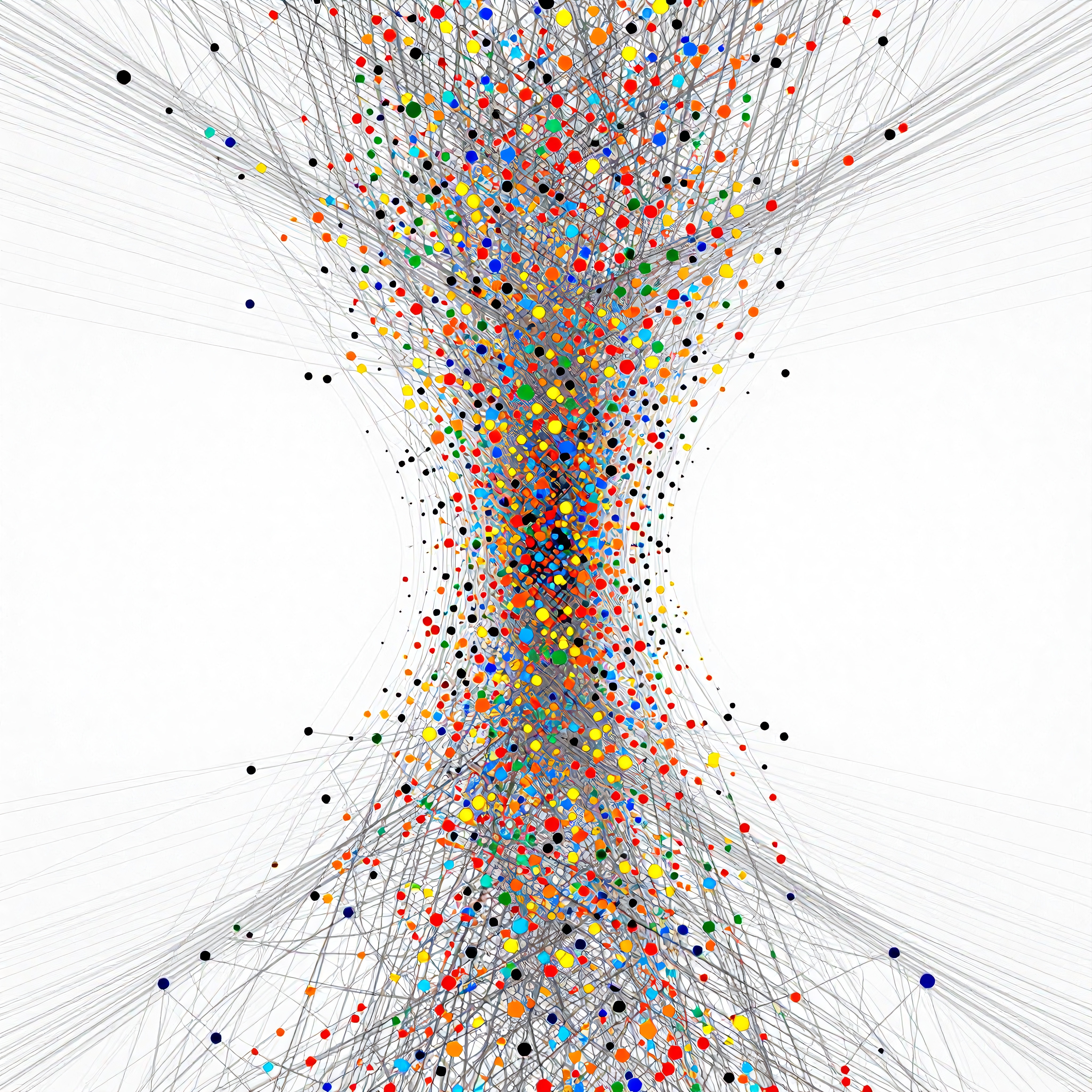Abstract image of colorful dots and lines forming a complex network on white background.