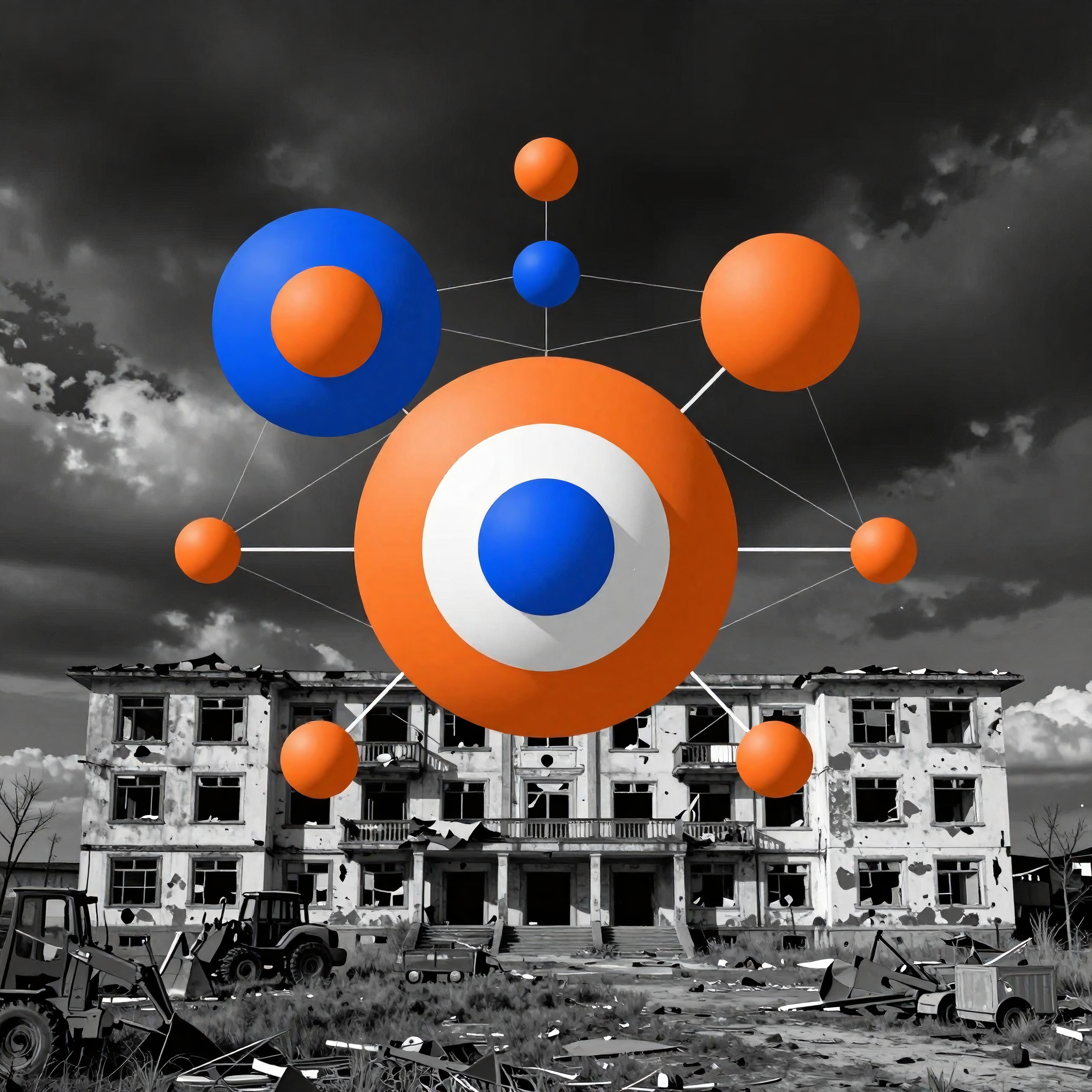 Image showcasing vibrant orange and blue spheres floating over an abandoned building in a surreal contrast of color and decay.