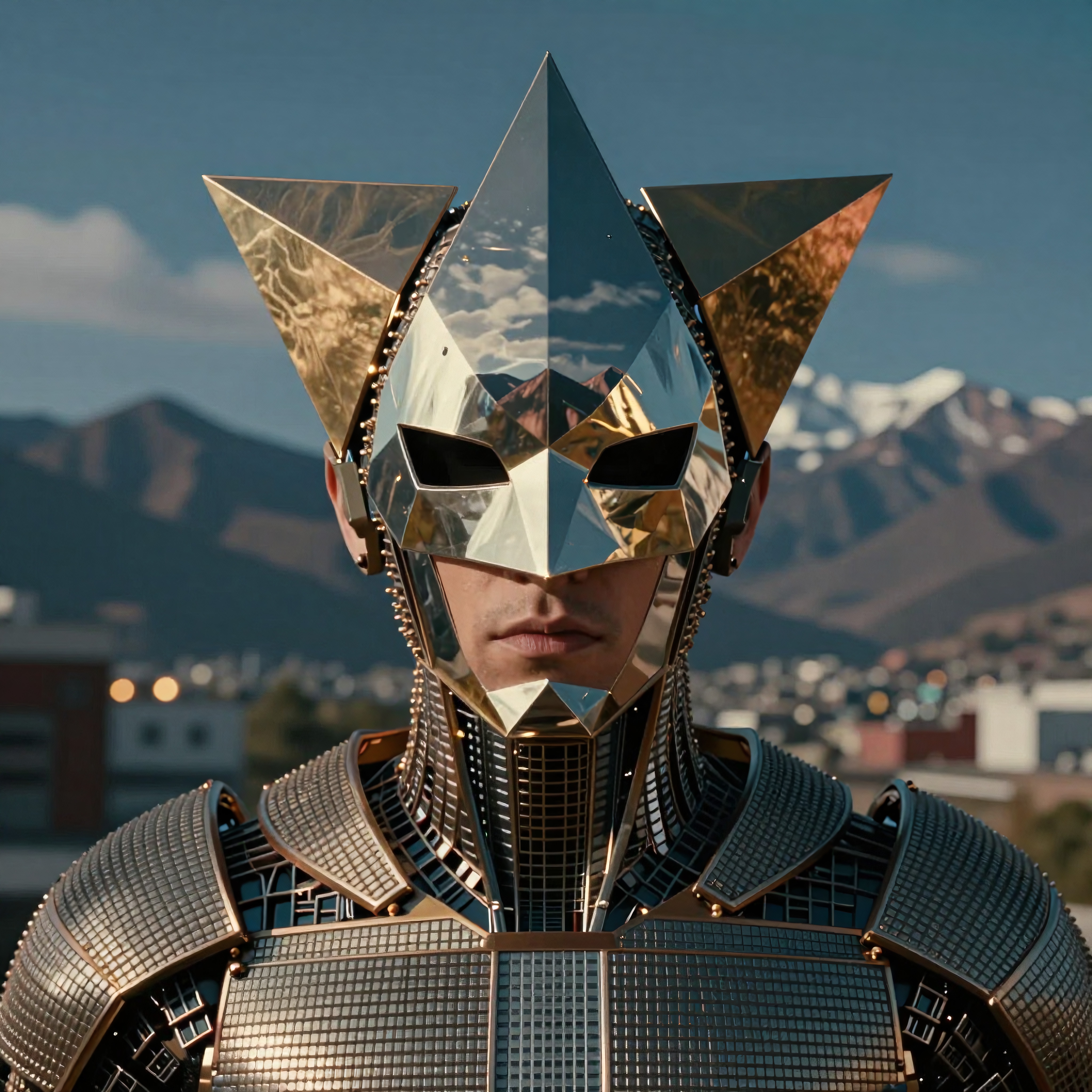 A futuristic figure in reflective armor stands against a scenic mountain backdrop.